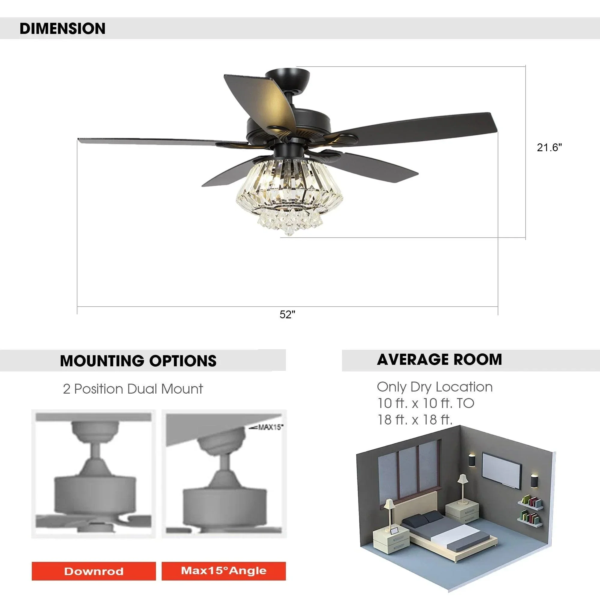Parrot Uncle 52-Inch Kerala Modern Downrod Mount Reversible Crystal Ceiling Fan with Lighting and Remote Control - Image 16