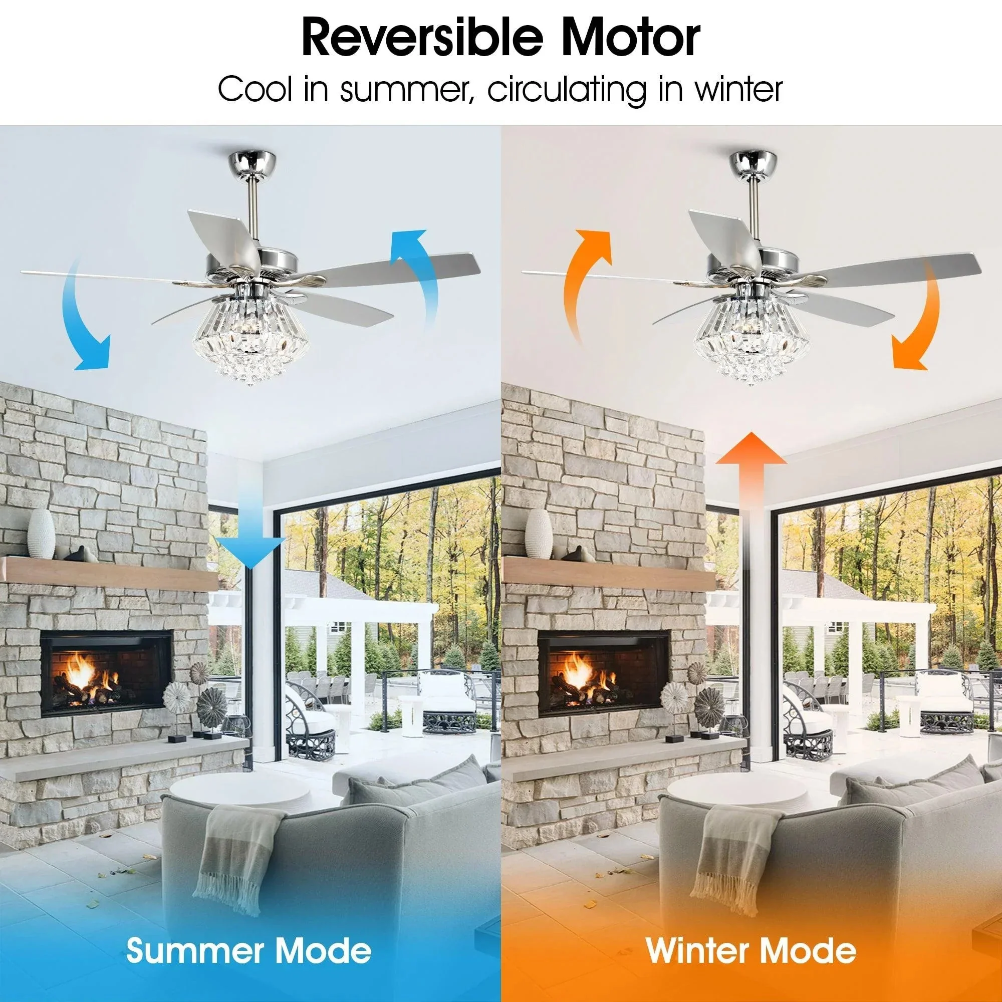 Parrot Uncle 52-Inch Kerala Modern Downrod Mount Reversible Crystal Ceiling Fan with Lighting and Remote Control - Image 4