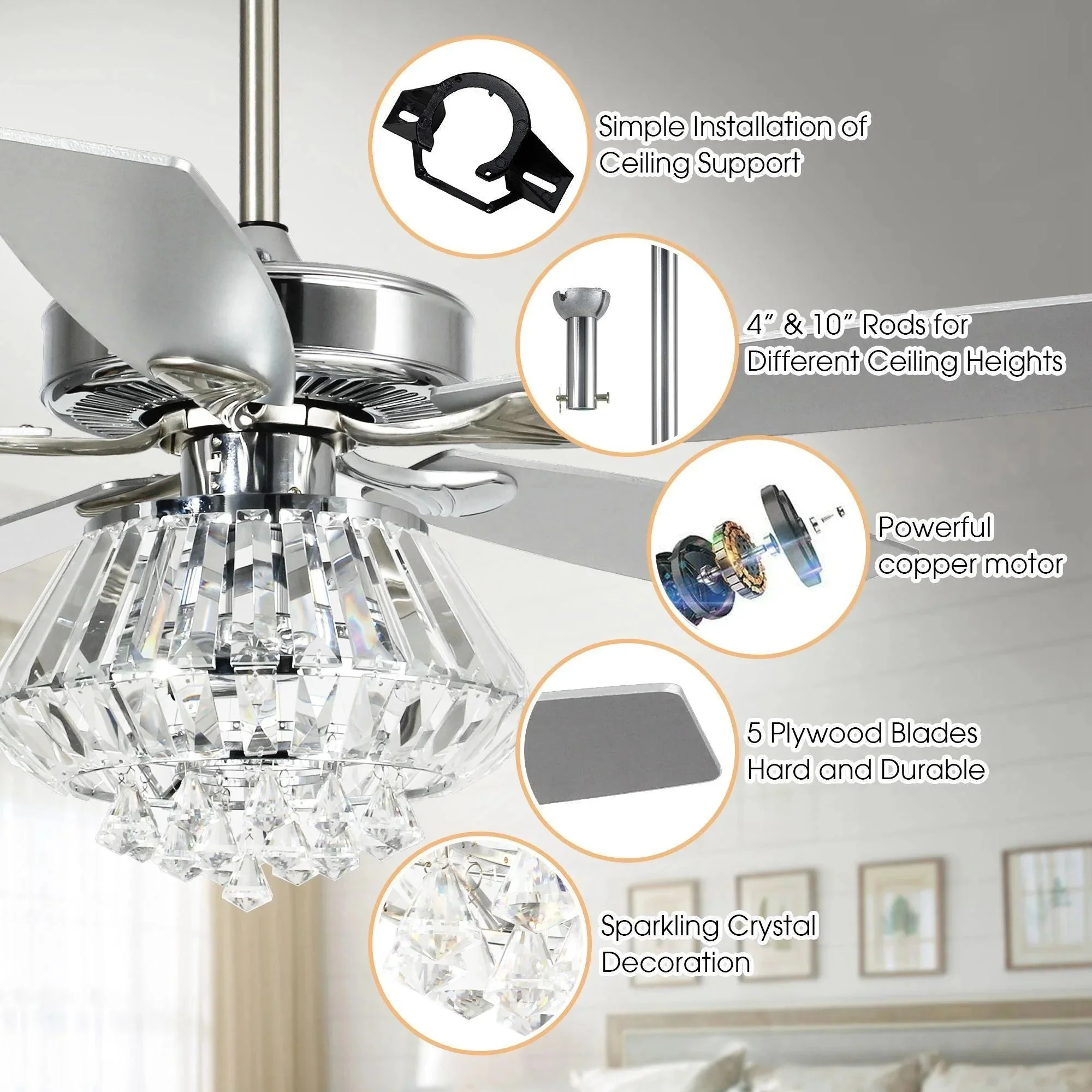 Parrot Uncle 52-Inch Kerala Modern Downrod Mount Reversible Crystal Ceiling Fan with Lighting and Remote Control - Image 6