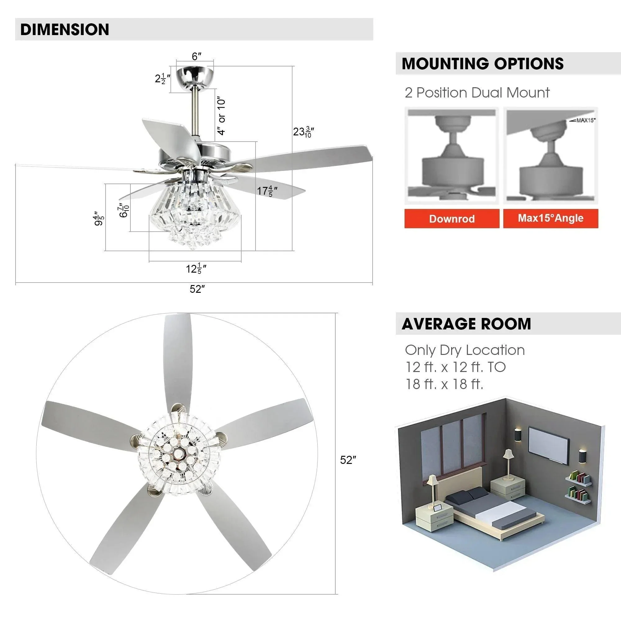 Parrot Uncle 52-Inch Kerala Modern Downrod Mount Reversible Crystal Ceiling Fan with Lighting and Remote Control - Image 7