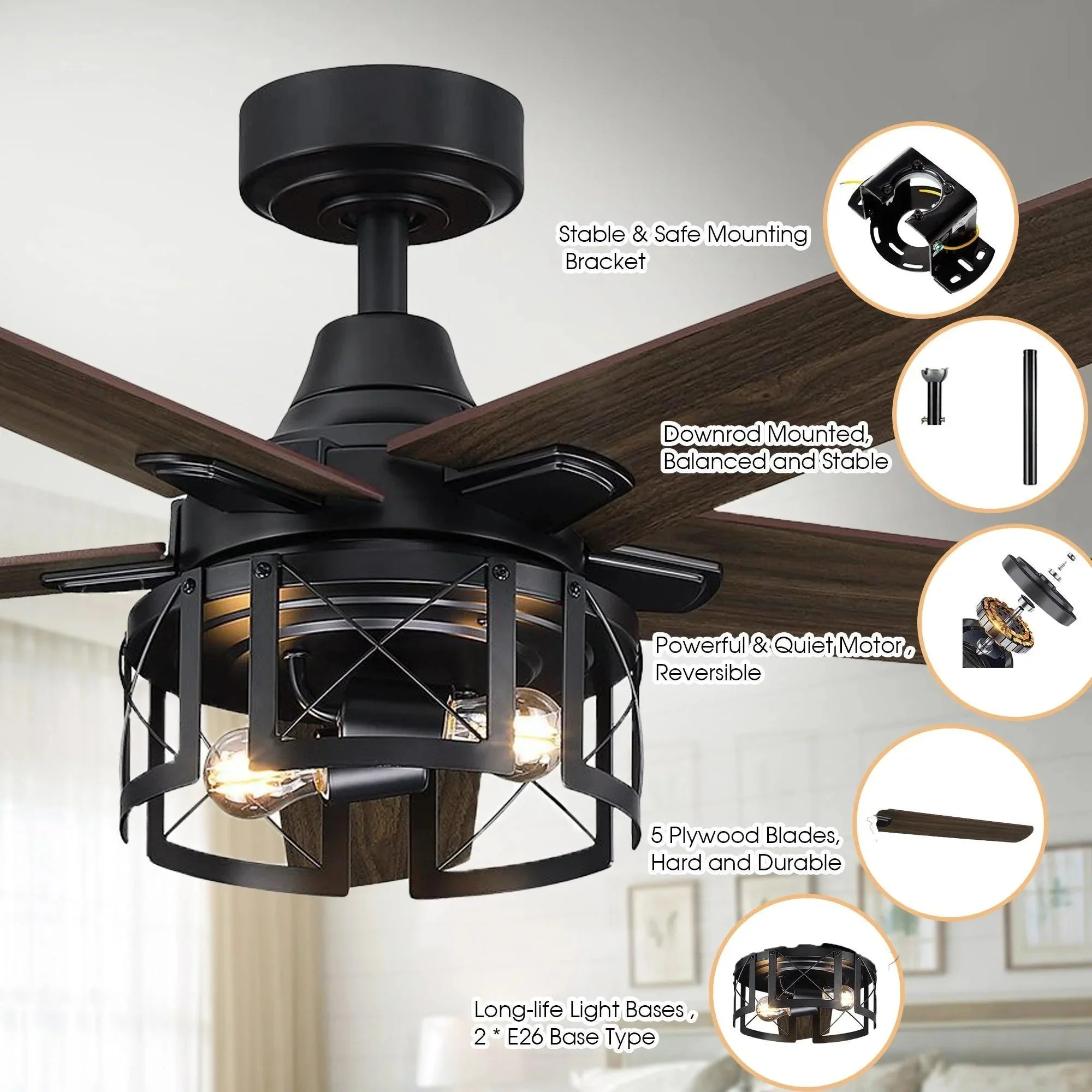Parrot Uncle 52-Inch Kolkata Industrial Downrod Mount Reversible Ceiling Fan with Lighting and Remote Control (F6320110V) - Image 5