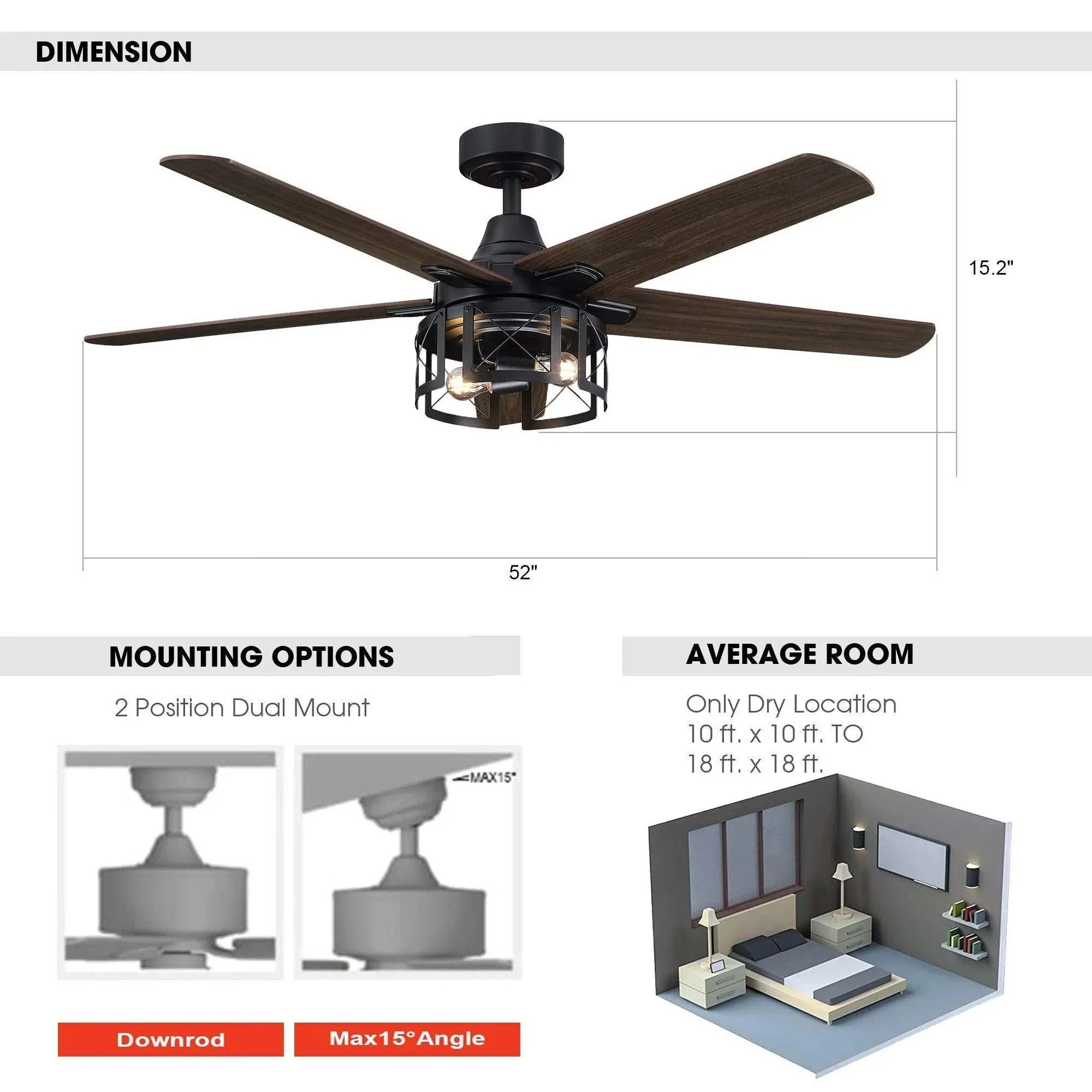 Parrot Uncle 52-Inch Kolkata Industrial Downrod Mount Reversible Ceiling Fan with Lighting and Remote Control (F6320110V) - Image 9