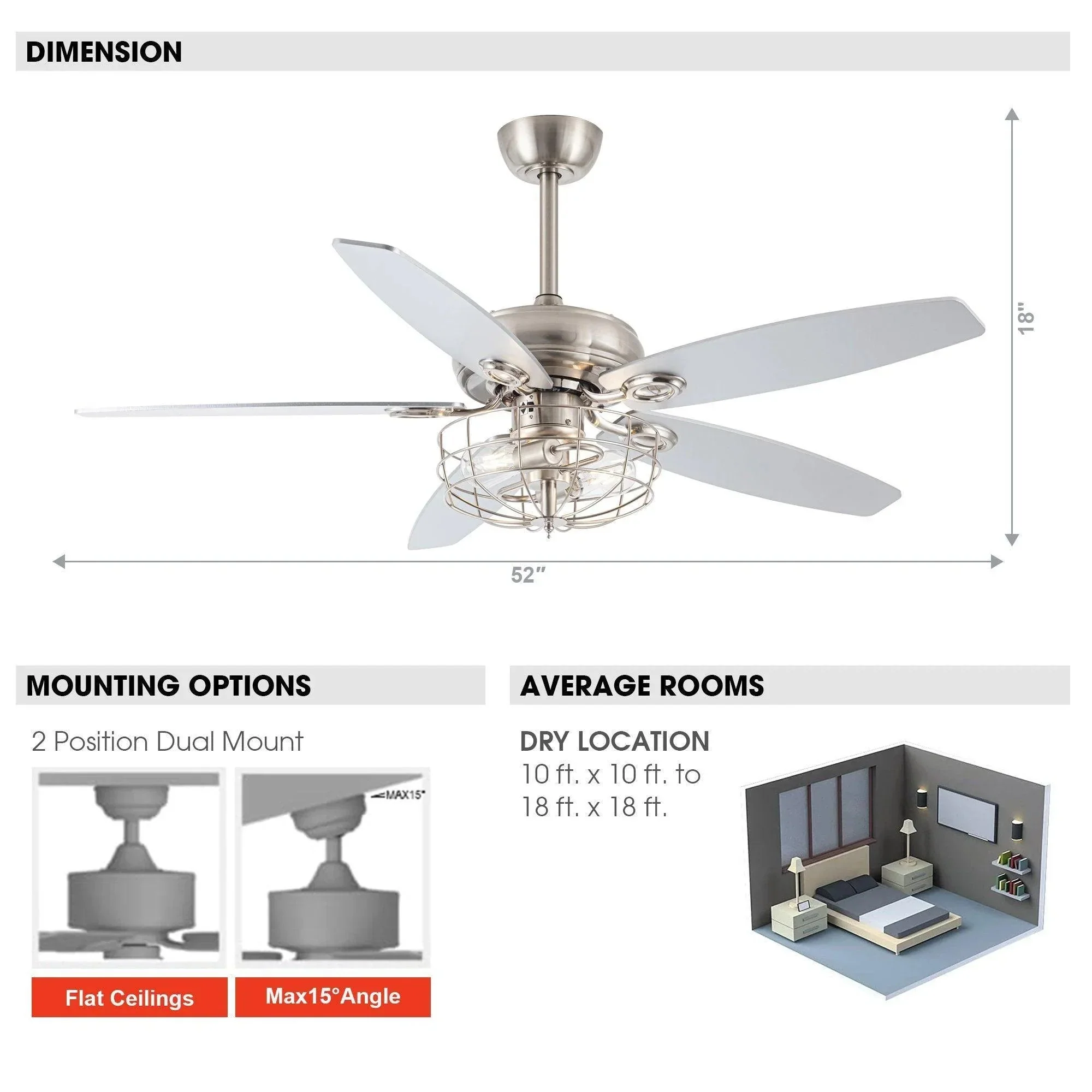 Parrot Uncle 52-Inch Kyla Industrial Brushed Nickel Reversible Caged Ceiling Fan with Lighting (F6236Q110V) - Image 11