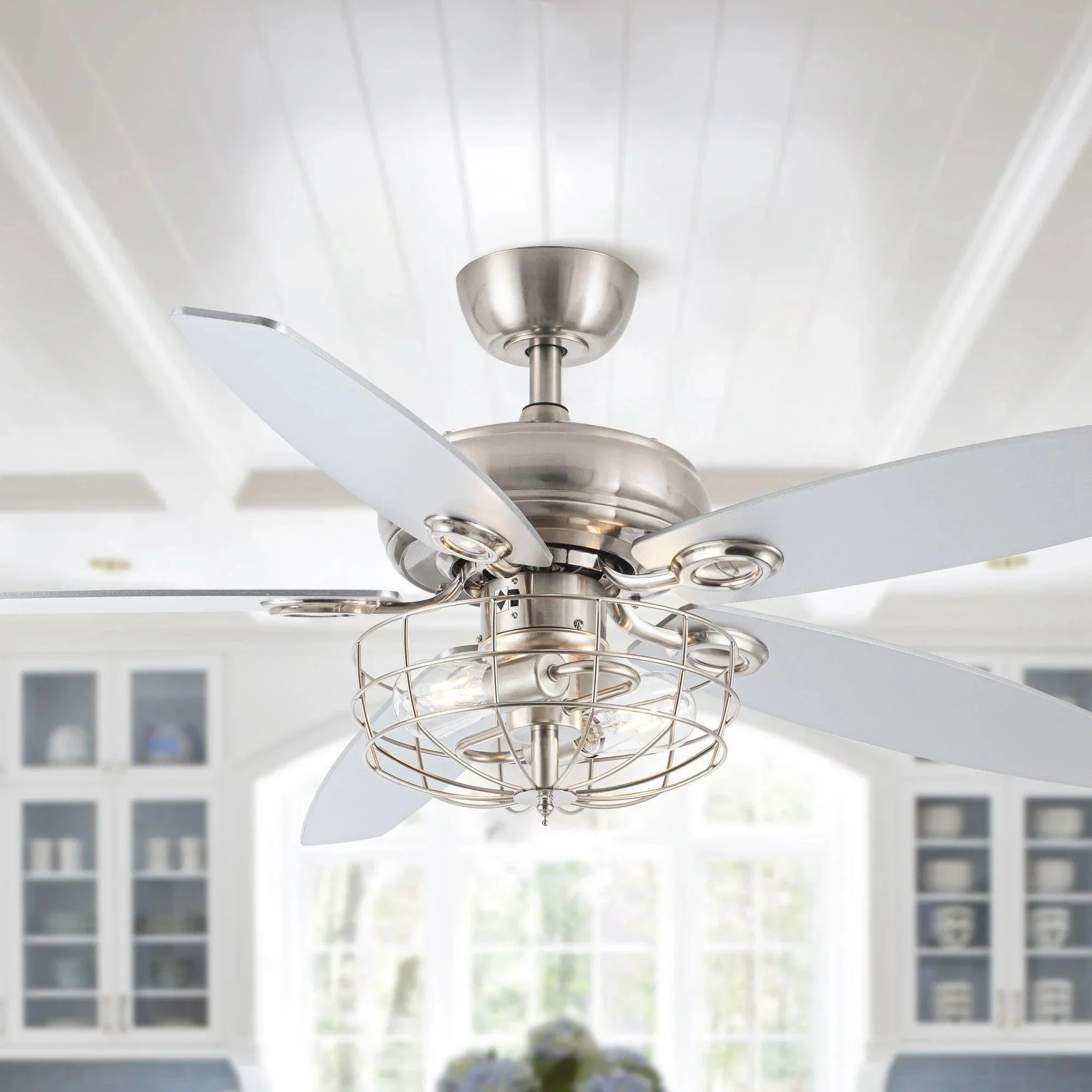 Parrot Uncle 52-Inch Kyla Industrial Brushed Nickel Reversible Caged Ceiling Fan with Lighting (F6236Q110V) - Image 4