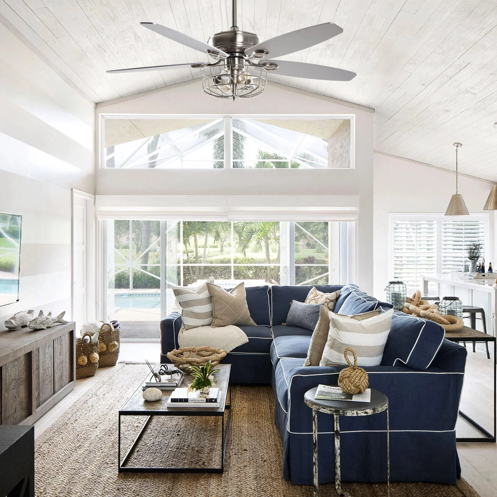 Parrot Uncle 52-Inch Kyla Industrial Brushed Nickel Reversible Caged Ceiling Fan with Lighting (F6236Q110V) - Image 5