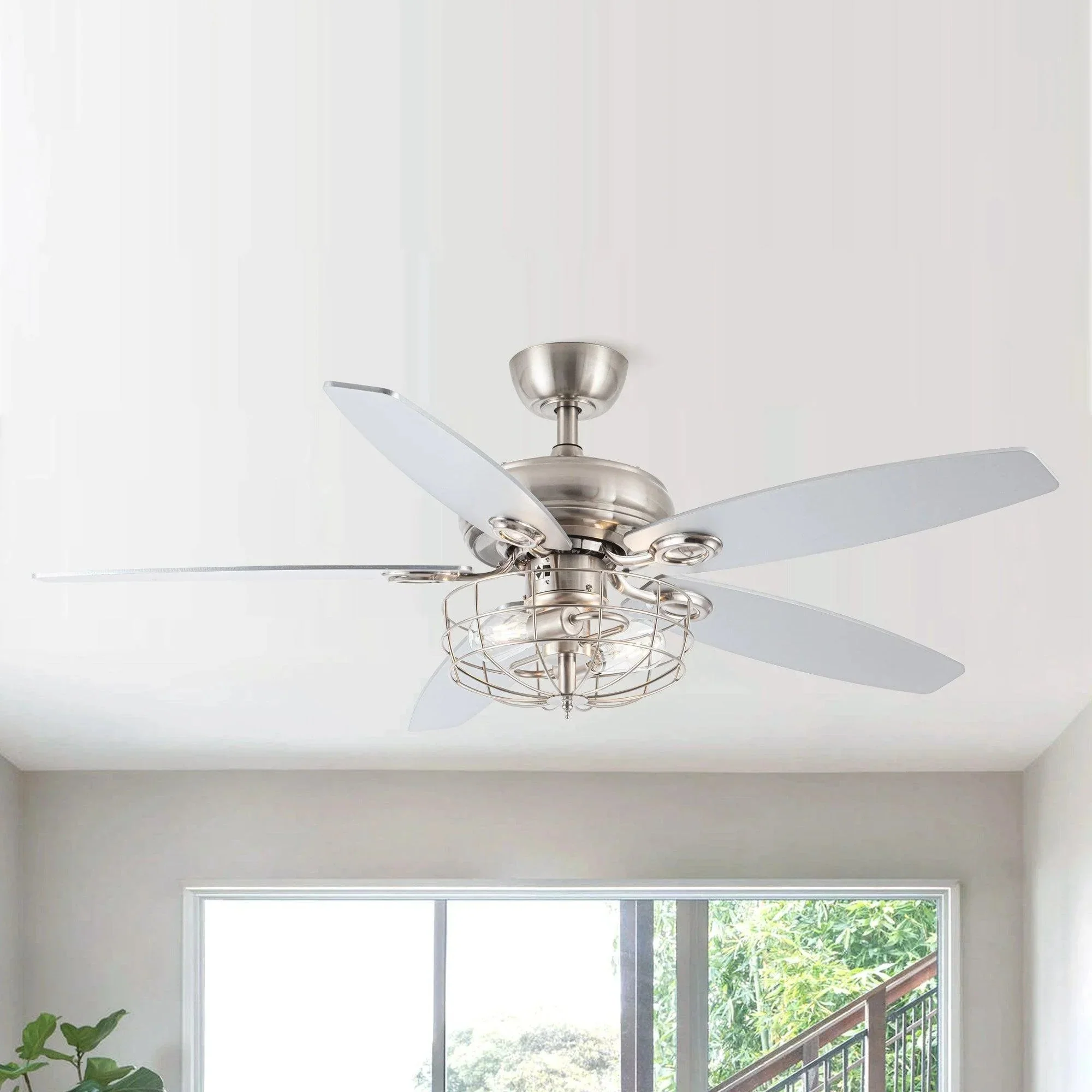 Parrot Uncle 52-Inch Kyla Industrial Brushed Nickel Reversible Caged Ceiling Fan with Lighting (F6236Q110V) - Image 6