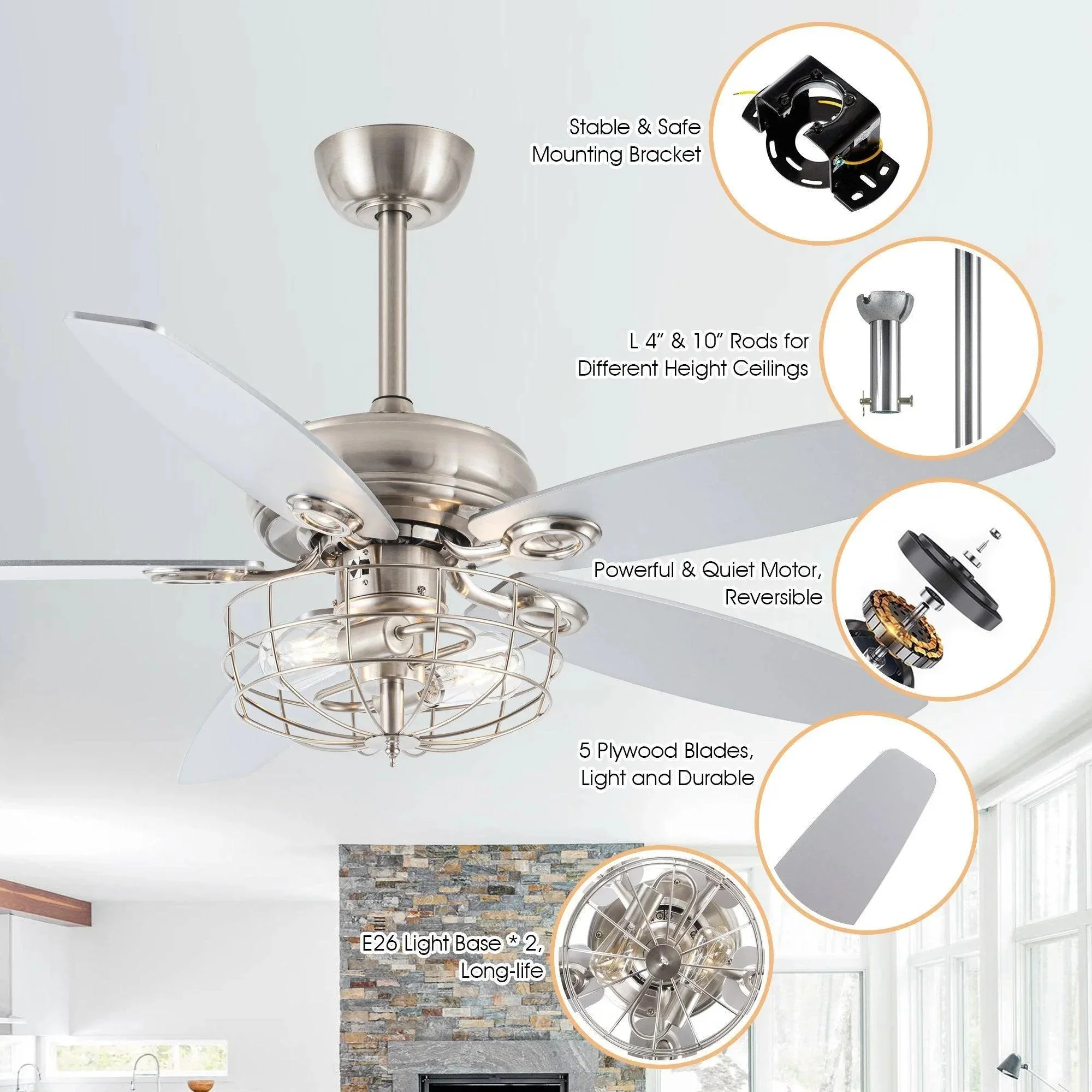 Parrot Uncle 52-Inch Kyla Industrial Brushed Nickel Reversible Caged Ceiling Fan with Lighting (F6236Q110V) - Image 7