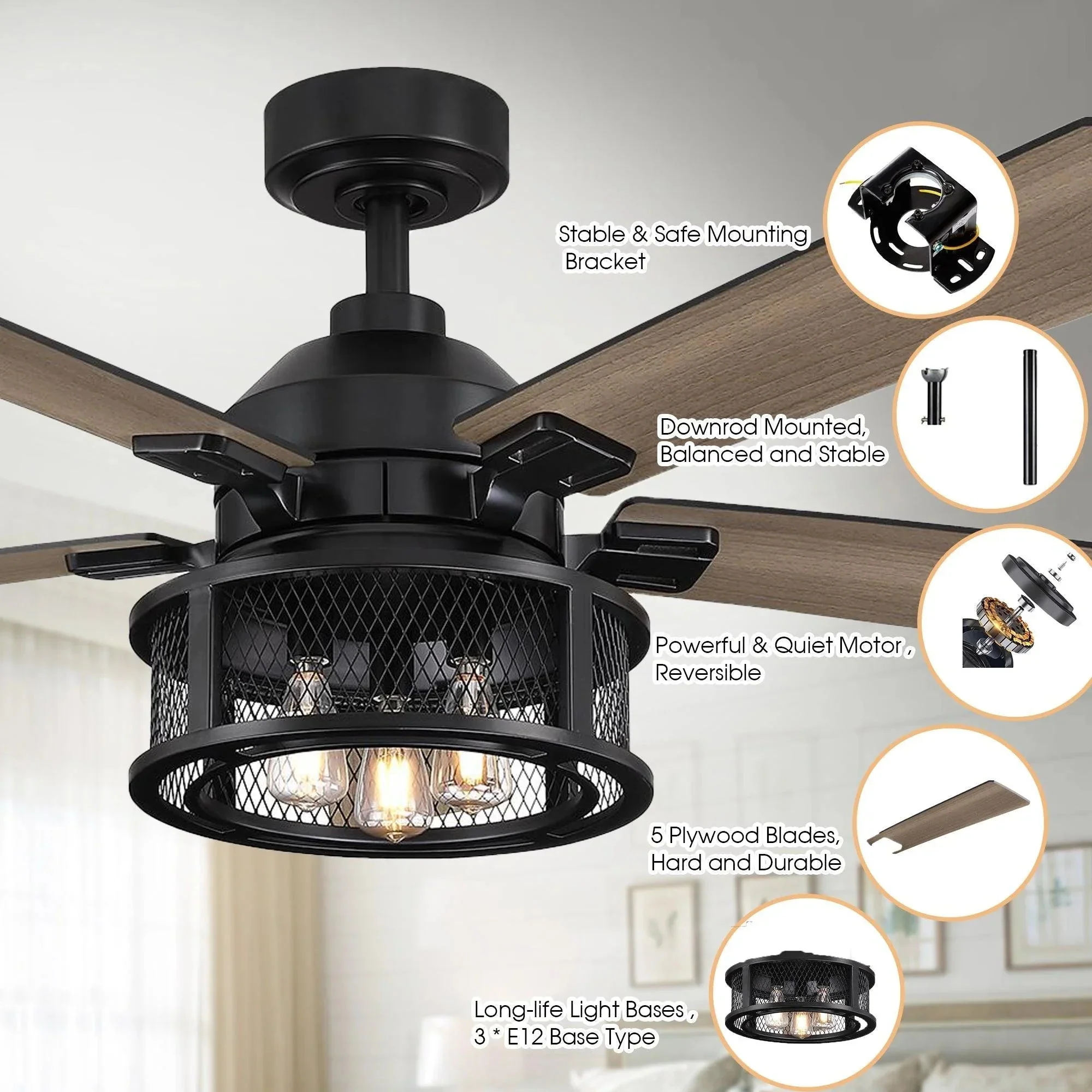 Parrot Uncle 52-Inch Lucknow Industrial Black Reversible Ceiling Fan with Lighting and Remote Control - Image 10