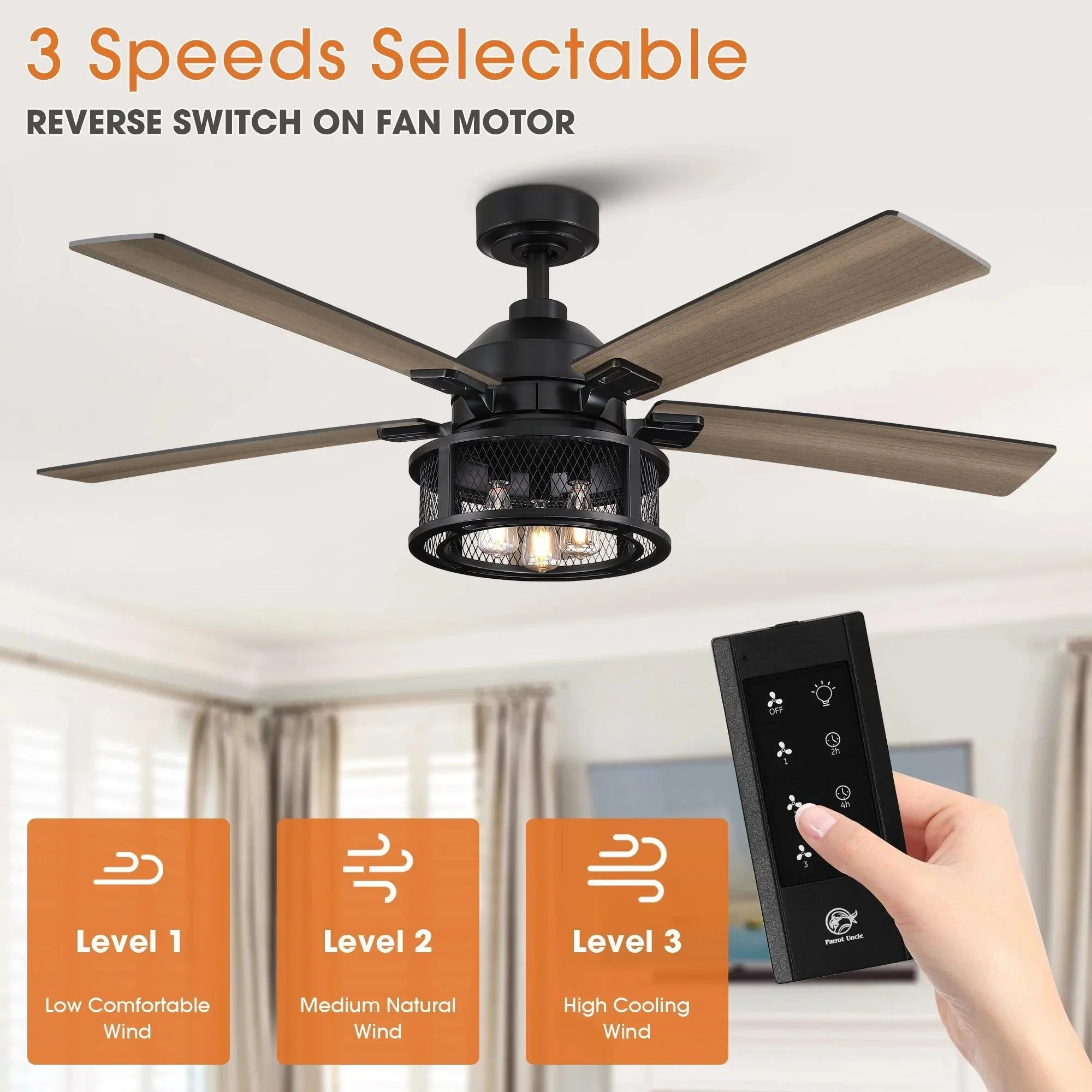 Parrot Uncle 52-Inch Lucknow Industrial Black Reversible Ceiling Fan with Lighting and Remote Control - Image 4