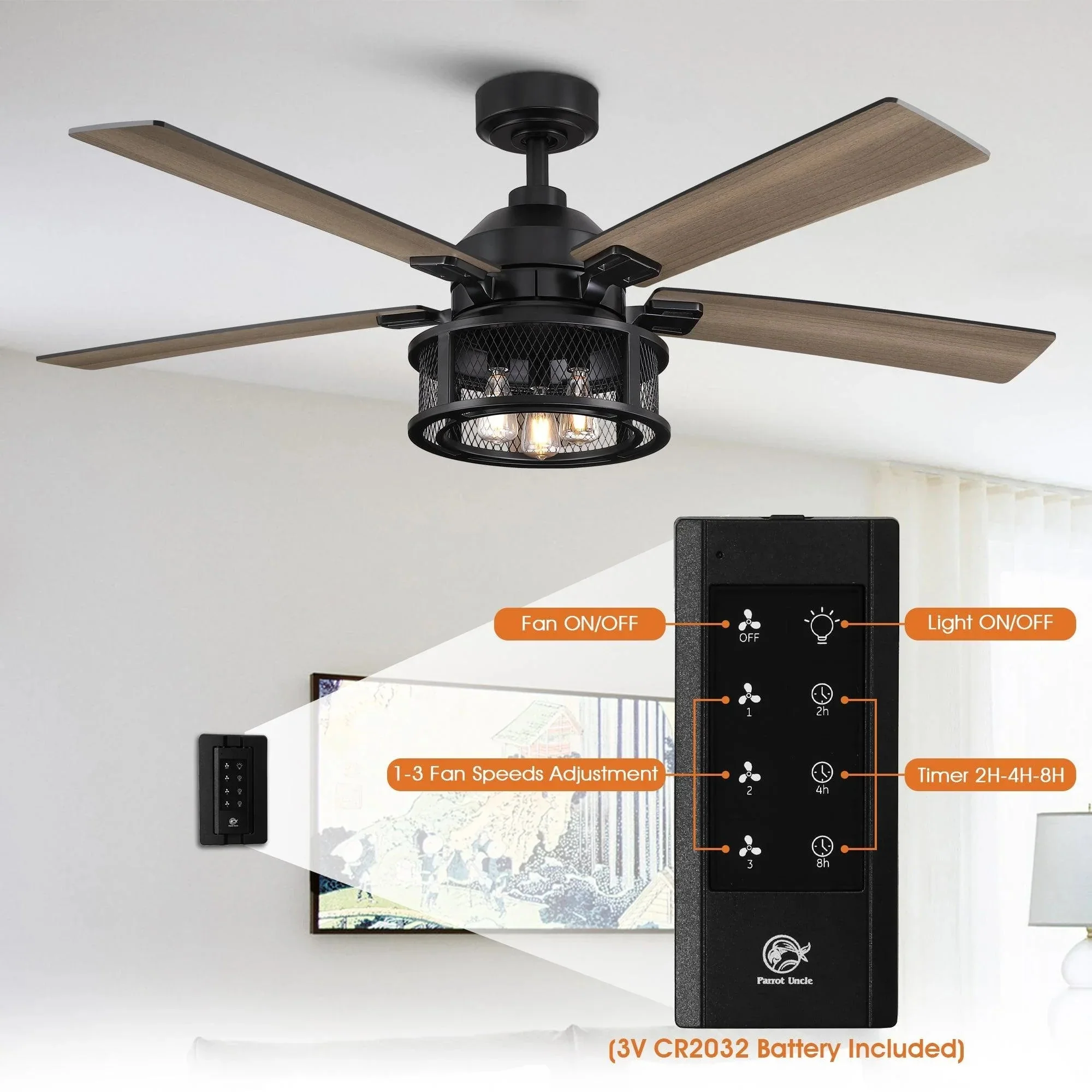 Parrot Uncle 52-Inch Lucknow Industrial Black Reversible Ceiling Fan with Lighting and Remote Control - Image 6