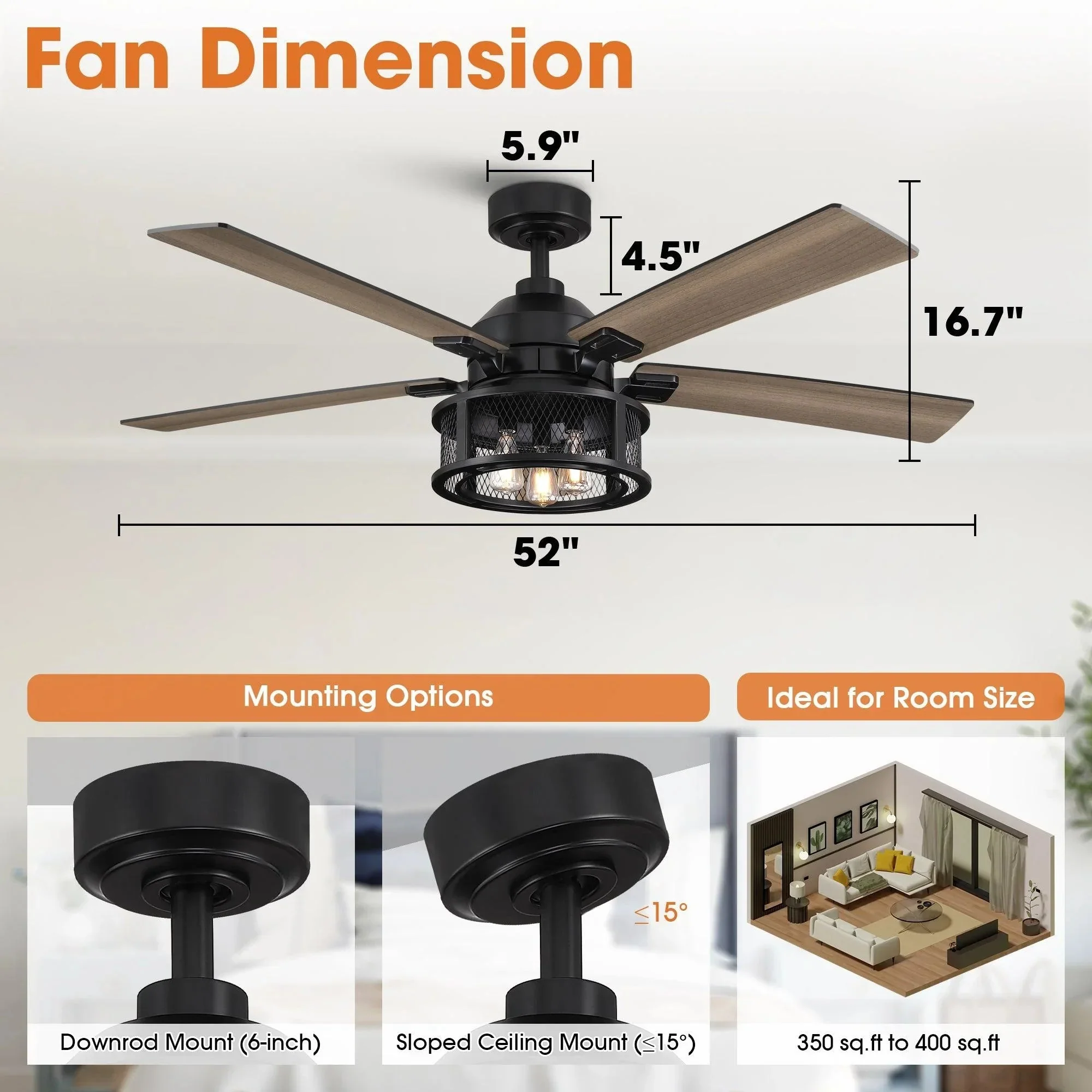 Parrot Uncle 52-Inch Lucknow Industrial Black Reversible Ceiling Fan with Lighting and Remote Control - Image 7