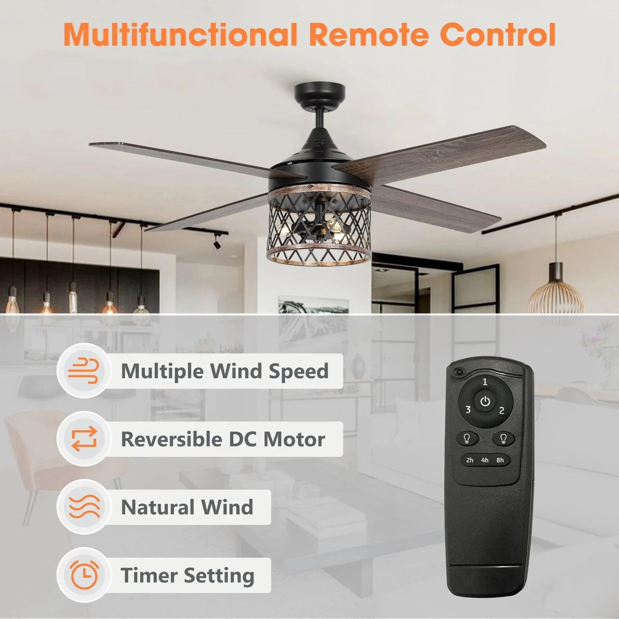 Parrot Uncle 52-Inch Mirelle Farmhouse Downrod Mount Reversible Ceiling Fan with Lighting and Remote Control (F6288110V) - Image 10