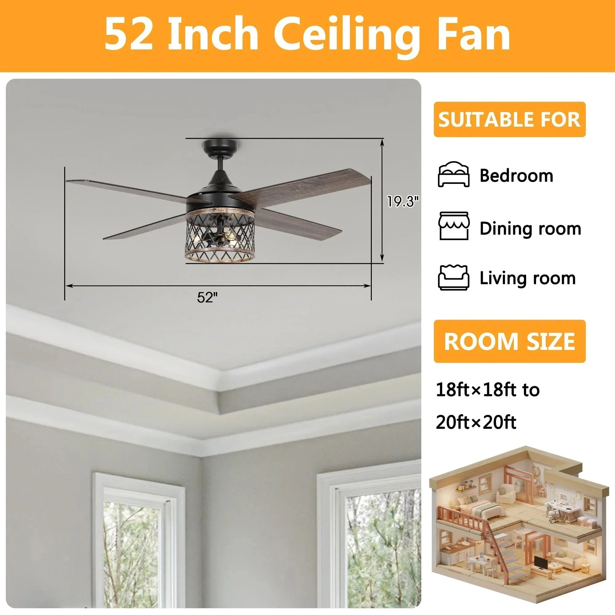 Parrot Uncle 52-Inch Mirelle Farmhouse Downrod Mount Reversible Ceiling Fan with Lighting and Remote Control (F6288110V) - Image 11