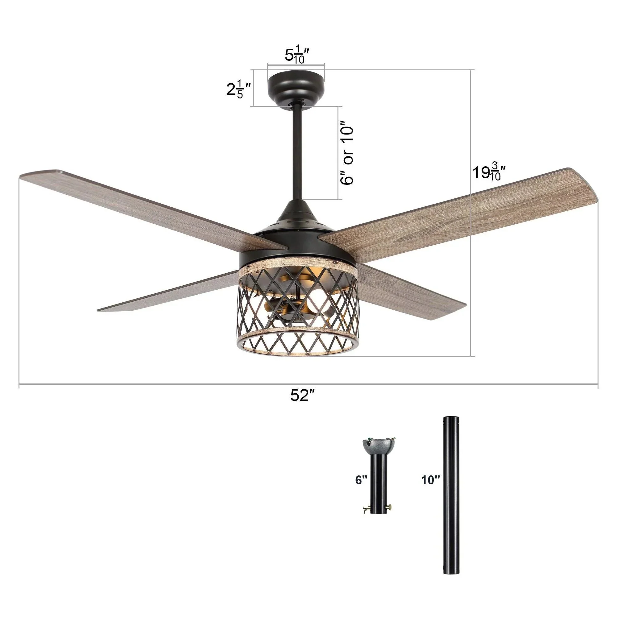Parrot Uncle 52-Inch Mirelle Farmhouse Downrod Mount Reversible Ceiling Fan with Lighting and Remote Control (F6288110V) - Image 15
