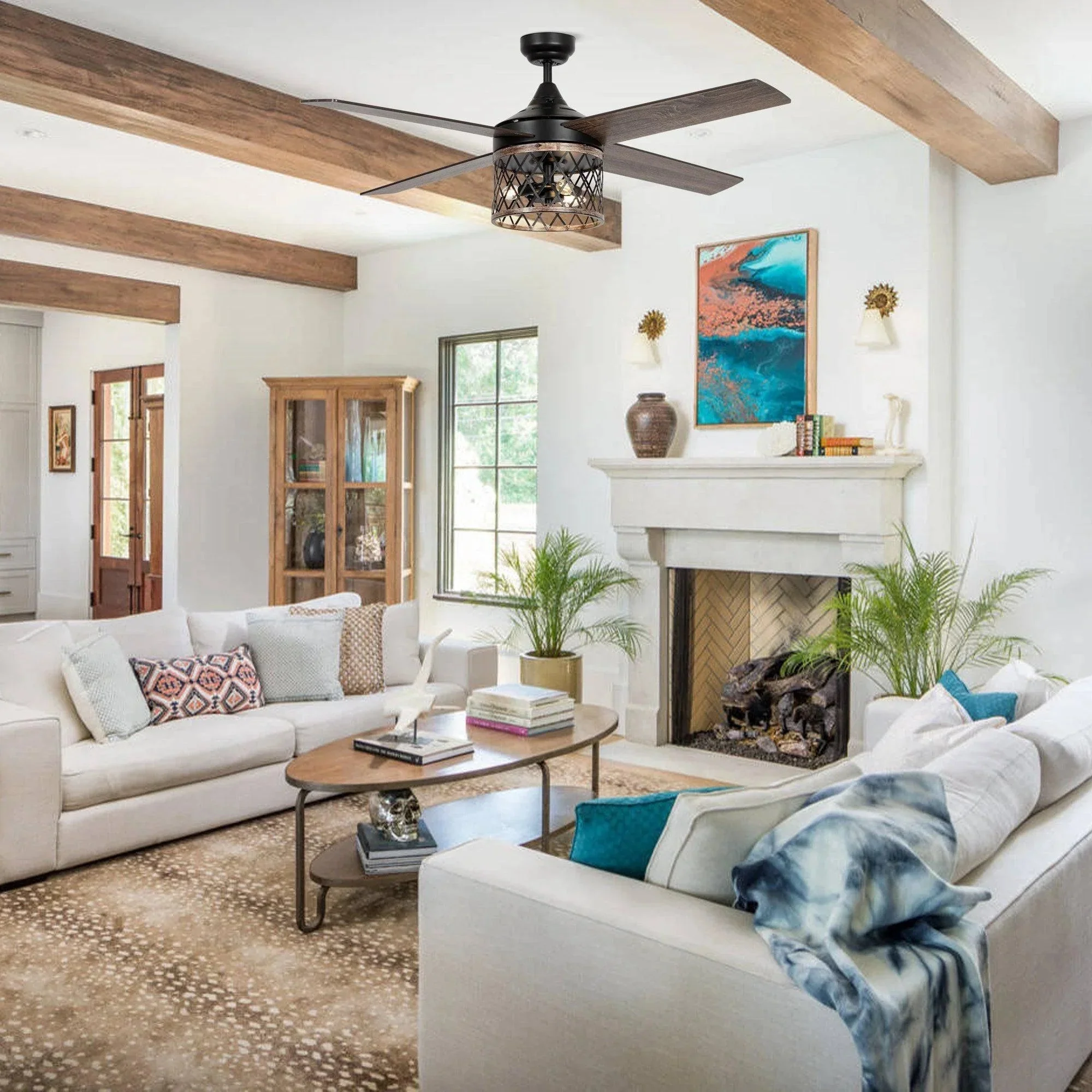 Parrot Uncle 52-Inch Mirelle Farmhouse Downrod Mount Reversible Ceiling Fan with Lighting and Remote Control (F6288110V) - Image 2