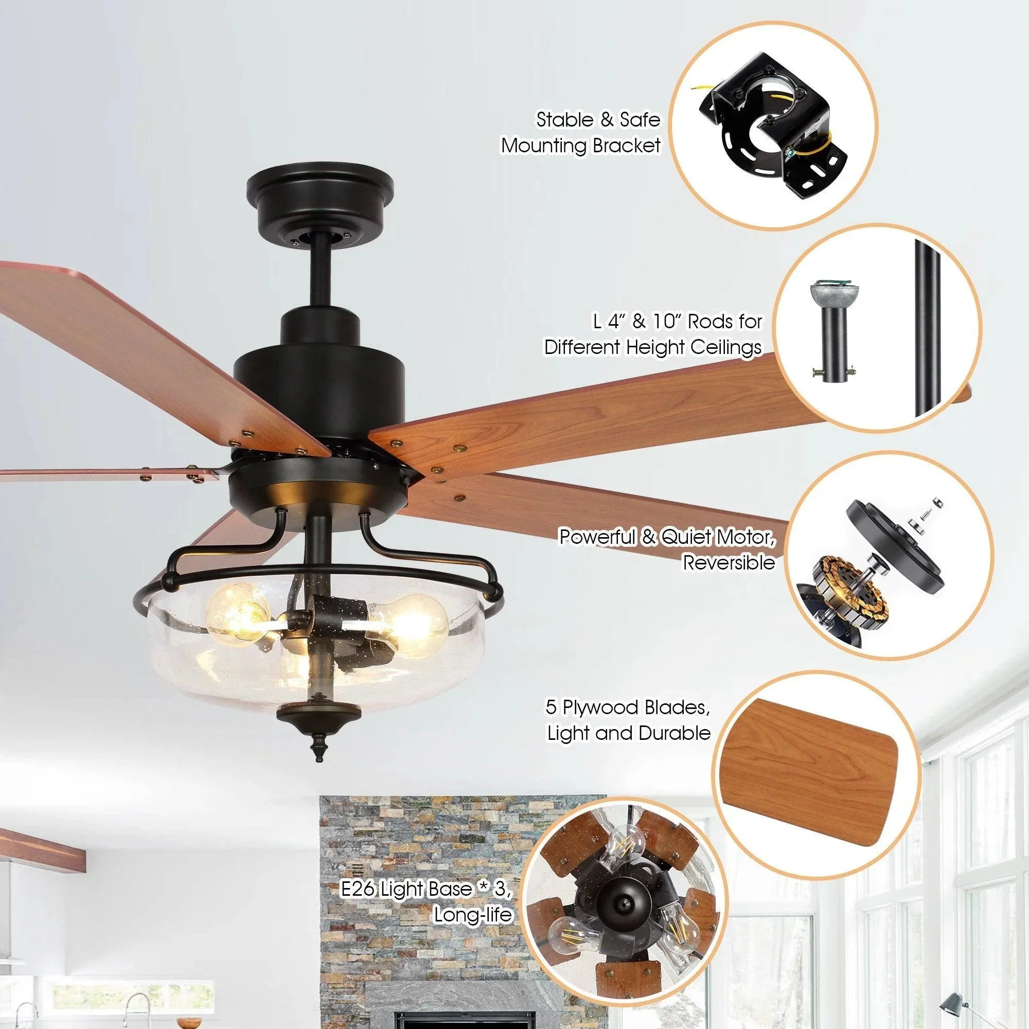 Parrot Uncle 52-Inch Mumbai Industrial Downrod Mount Reversible Ceiling Fan with Lighting and Remote Control (F6286Q110V) - Image 4