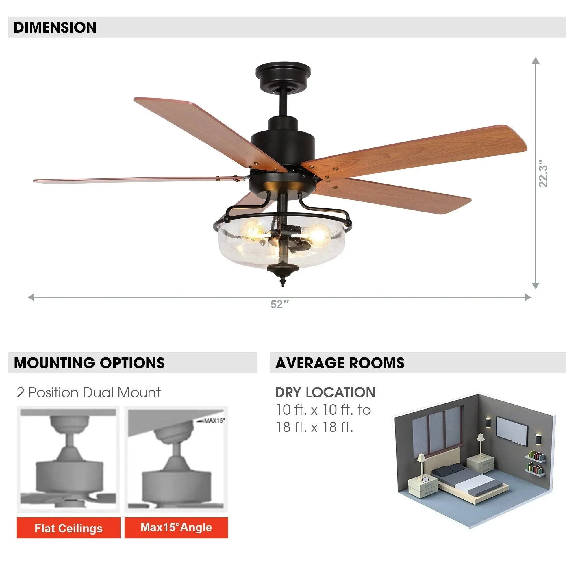 Parrot Uncle 52-Inch Mumbai Industrial Downrod Mount Reversible Ceiling Fan with Lighting and Remote Control (F6286Q110V) - Image 9