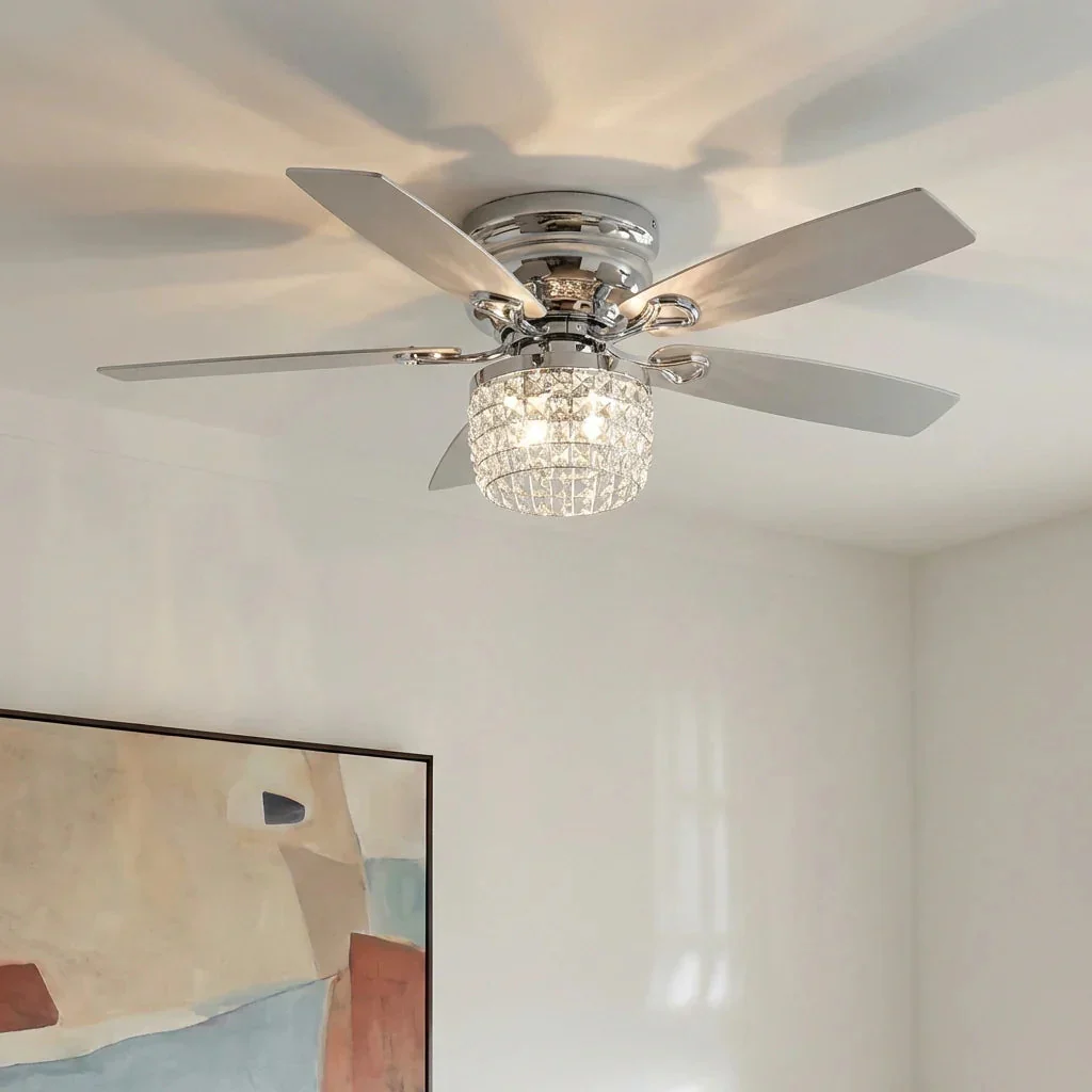 Parrot Uncle 52-Inch Panipat Modern Chrome Flush Mount Reversible Crystal Ceiling Fan with Lighting and Remote Control (F6328Q110V) - Image 3