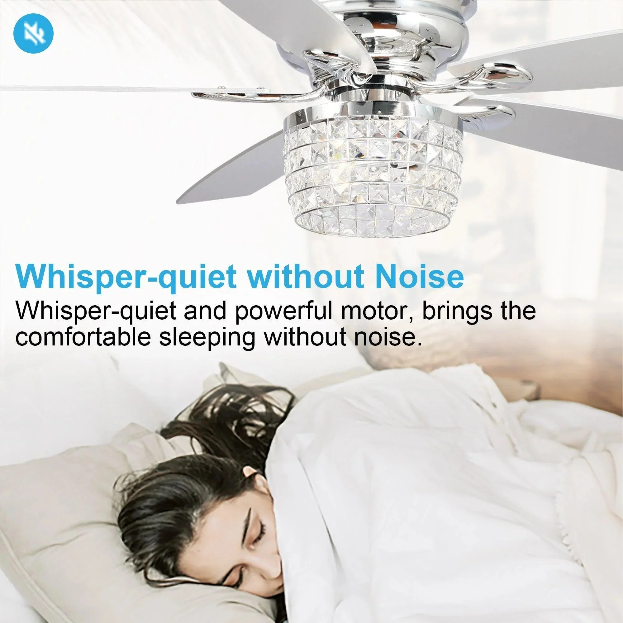 Parrot Uncle 52-Inch Panipat Modern Chrome Flush Mount Reversible Crystal Ceiling Fan with Lighting and Remote Control (F6328Q110V) - Image 4