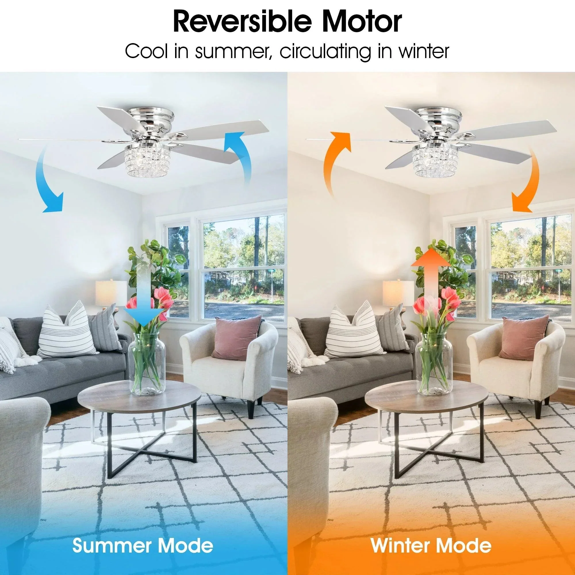 Parrot Uncle 52-Inch Panipat Modern Chrome Flush Mount Reversible Crystal Ceiling Fan with Lighting and Remote Control (F6328Q110V) - Image 5