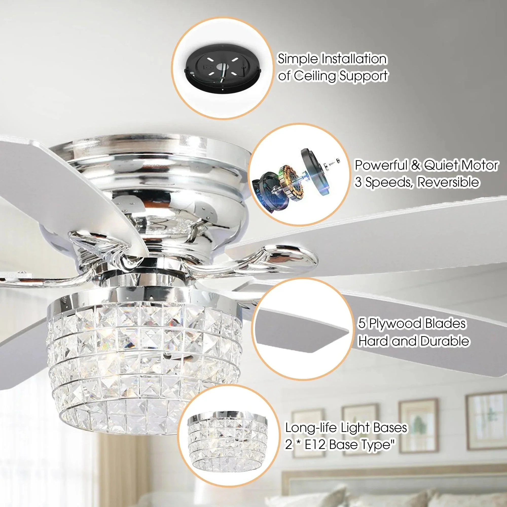 Parrot Uncle 52-Inch Panipat Modern Chrome Flush Mount Reversible Crystal Ceiling Fan with Lighting and Remote Control (F6328Q110V) - Image 6