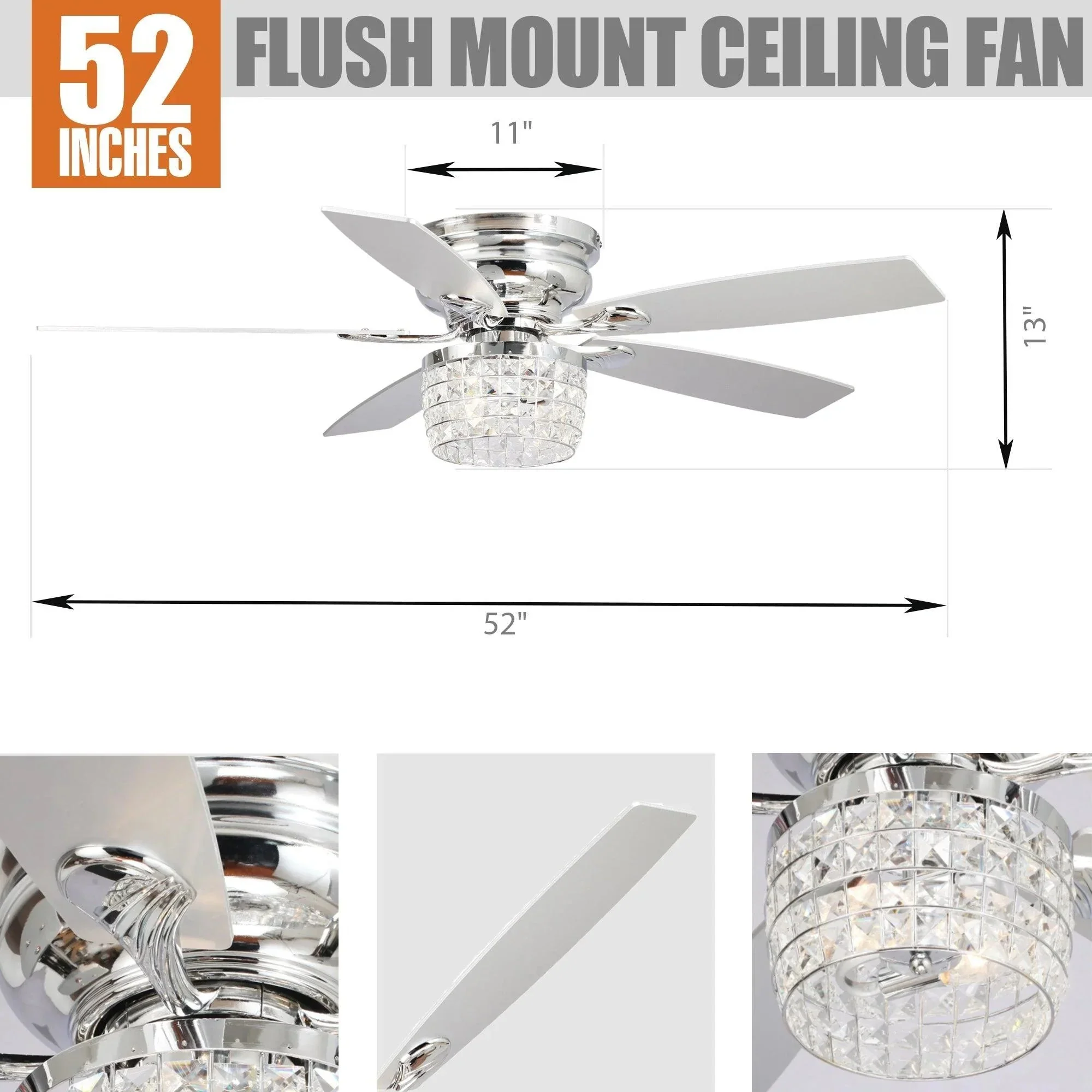 Parrot Uncle 52-Inch Panipat Modern Chrome Flush Mount Reversible Crystal Ceiling Fan with Lighting and Remote Control (F6328Q110V) - Image 7