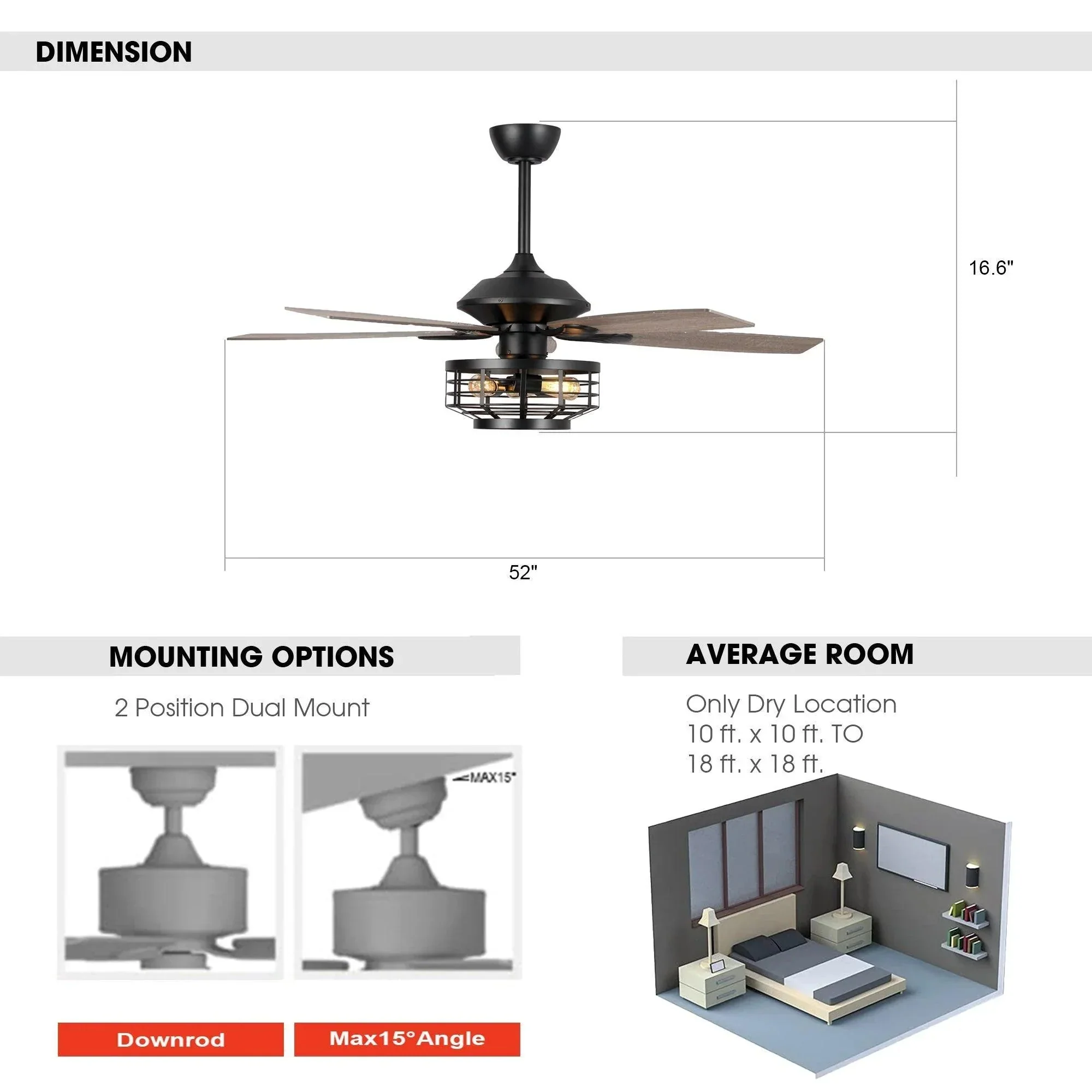 Parrot Uncle 52-Inch Paquette Industrial Downrod Mount Reversible Ceiling Fan with Lighting and Remote Control (F6315Q110V) - Image 10