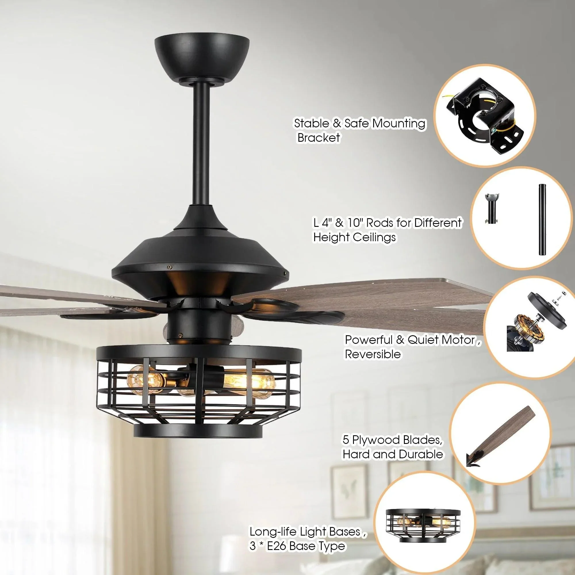 Parrot Uncle 52-Inch Paquette Industrial Downrod Mount Reversible Ceiling Fan with Lighting and Remote Control (F6315Q110V) - Image 4