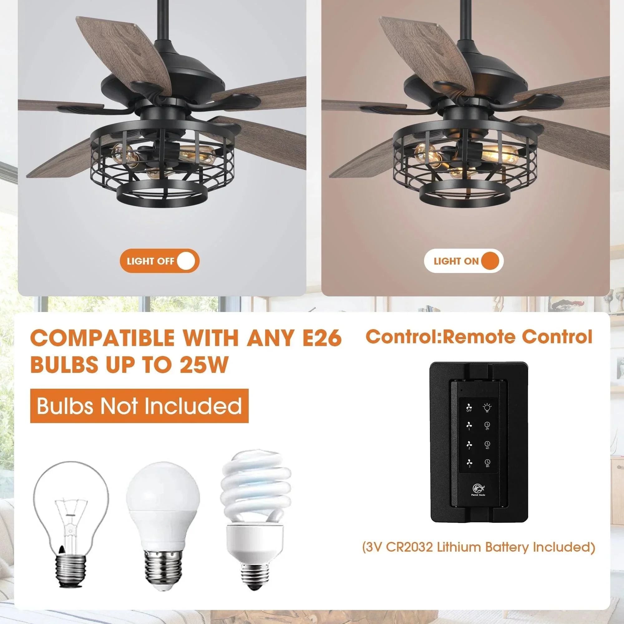 Parrot Uncle 52-Inch Paquette Industrial Downrod Mount Reversible Ceiling Fan with Lighting and Remote Control (F6315Q110V) - Image 6
