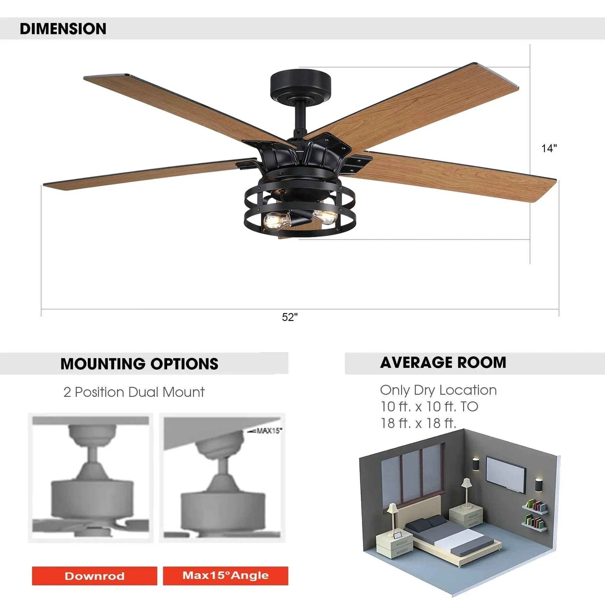 Parrot Uncle 52-Inch Prayag Industrial Downrod Mount Reversible Ceiling Fan with Lighting and Remote Control - Image 10