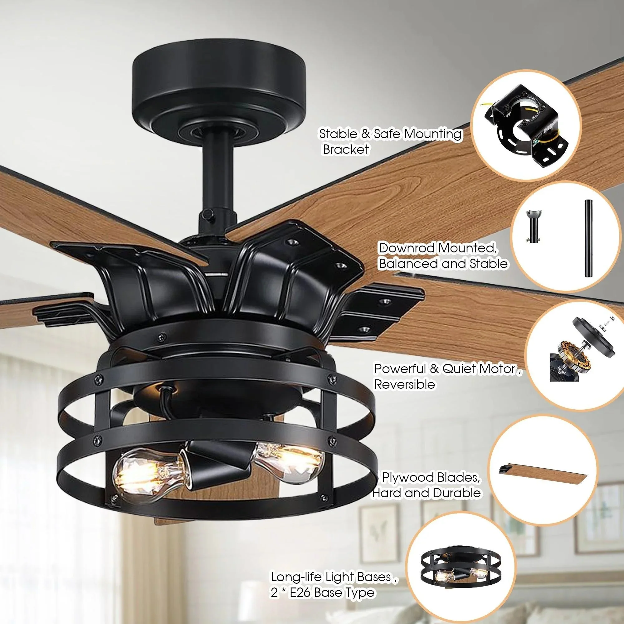 Parrot Uncle 52-Inch Prayag Industrial Downrod Mount Reversible Ceiling Fan with Lighting and Remote Control - Image 9