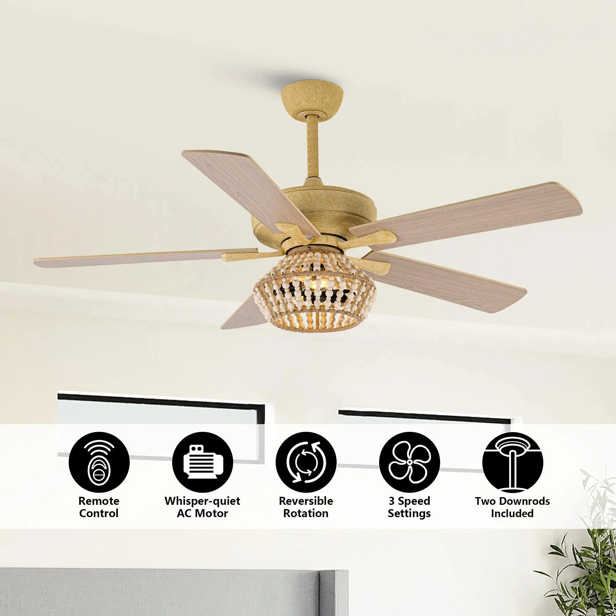 Parrot Uncle 52-Inch Pune Farmhouse Downrod Mount Reversible Ceiling Fan with Lighting and Remote Control (F6350Q110V) - Image 4
