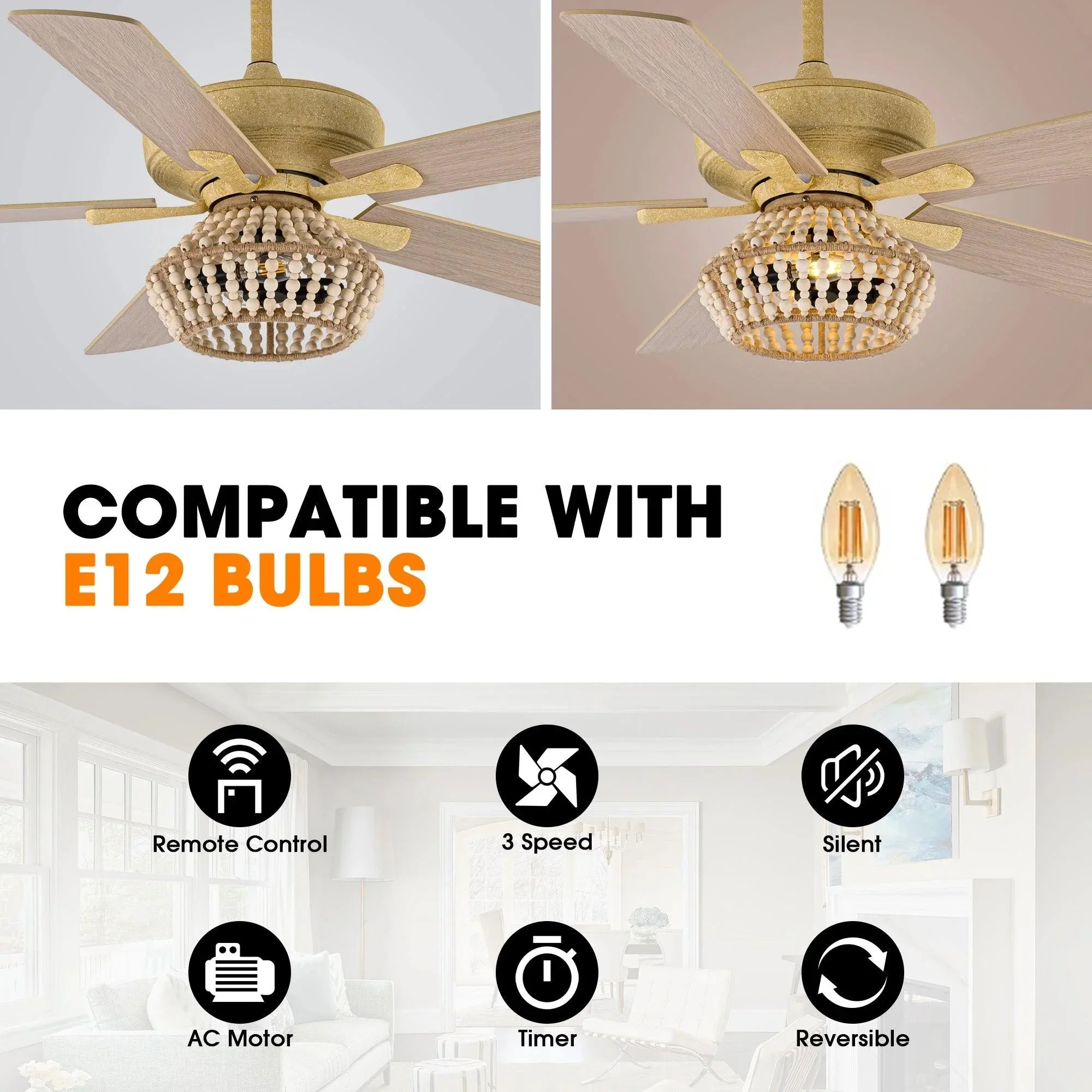Parrot Uncle 52-Inch Pune Farmhouse Downrod Mount Reversible Ceiling Fan with Lighting and Remote Control (F6350Q110V) - Image 6