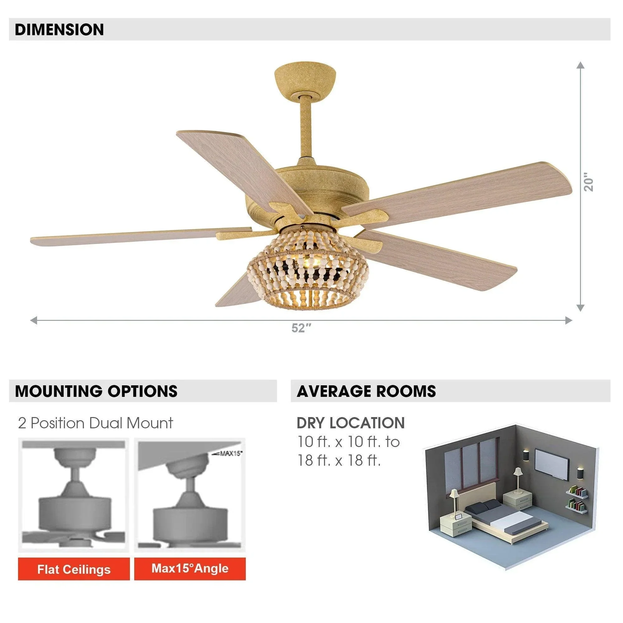 Parrot Uncle 52-Inch Pune Farmhouse Downrod Mount Reversible Ceiling Fan with Lighting and Remote Control (F6350Q110V) - Image 9