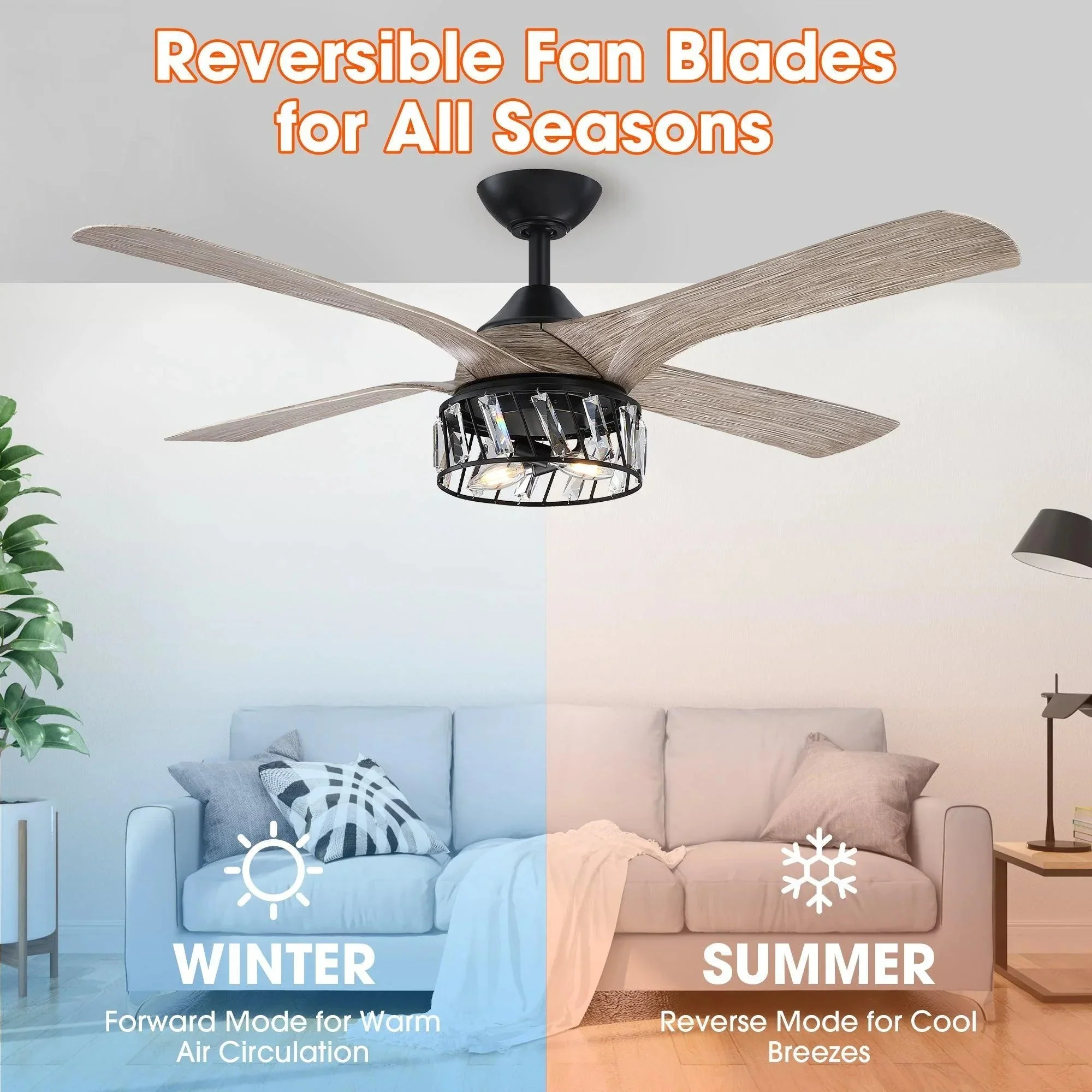 Parrot Uncle 52" Tata Nagar Farmhouse Downrod Mount Reversible Crystal Ceiling Fan with Lighting and Remote Control (F6111110V) - Image 4