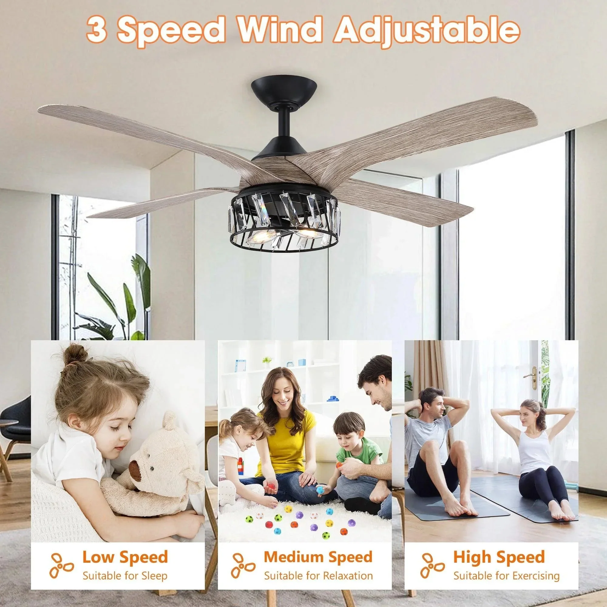 Parrot Uncle 52" Tata Nagar Farmhouse Downrod Mount Reversible Crystal Ceiling Fan with Lighting and Remote Control (F6111110V) - Image 5