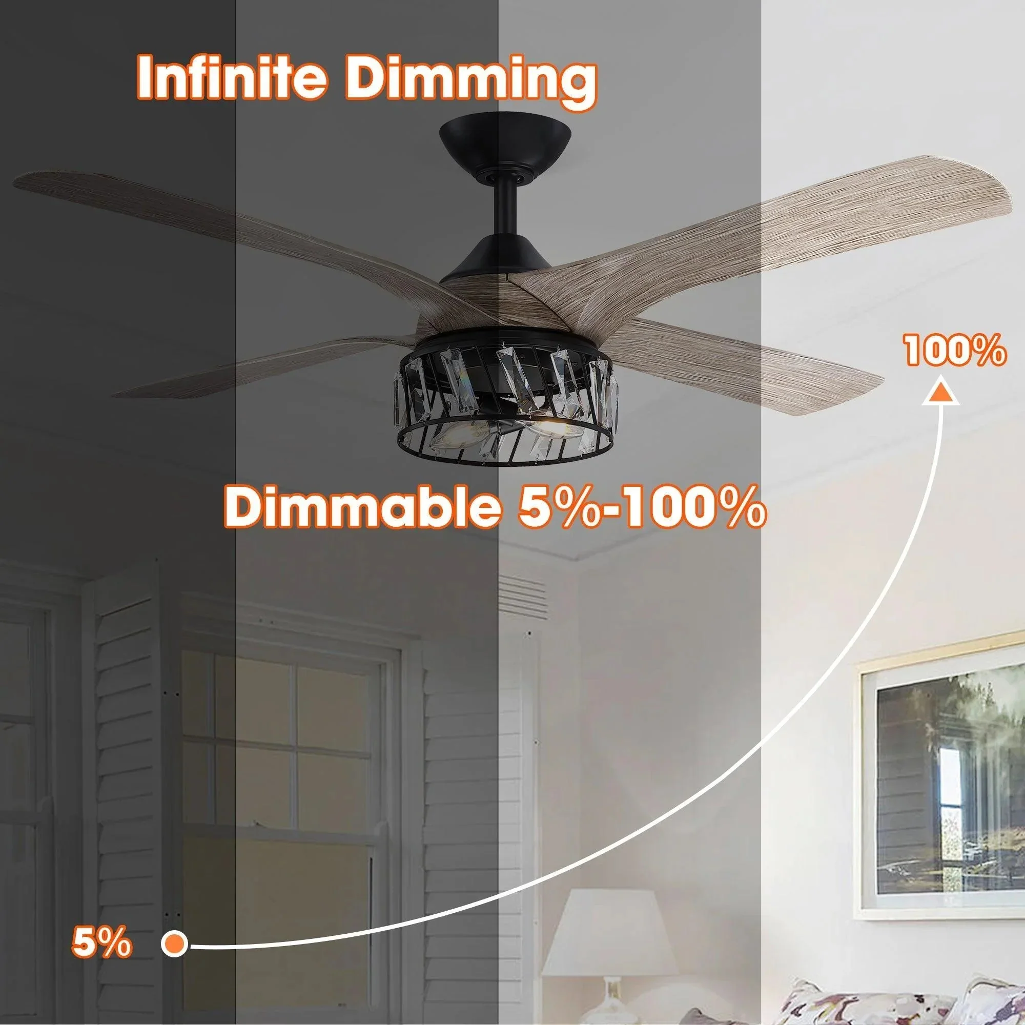 Parrot Uncle 52" Tata Nagar Farmhouse Downrod Mount Reversible Crystal Ceiling Fan with Lighting and Remote Control (F6111110V) - Image 6