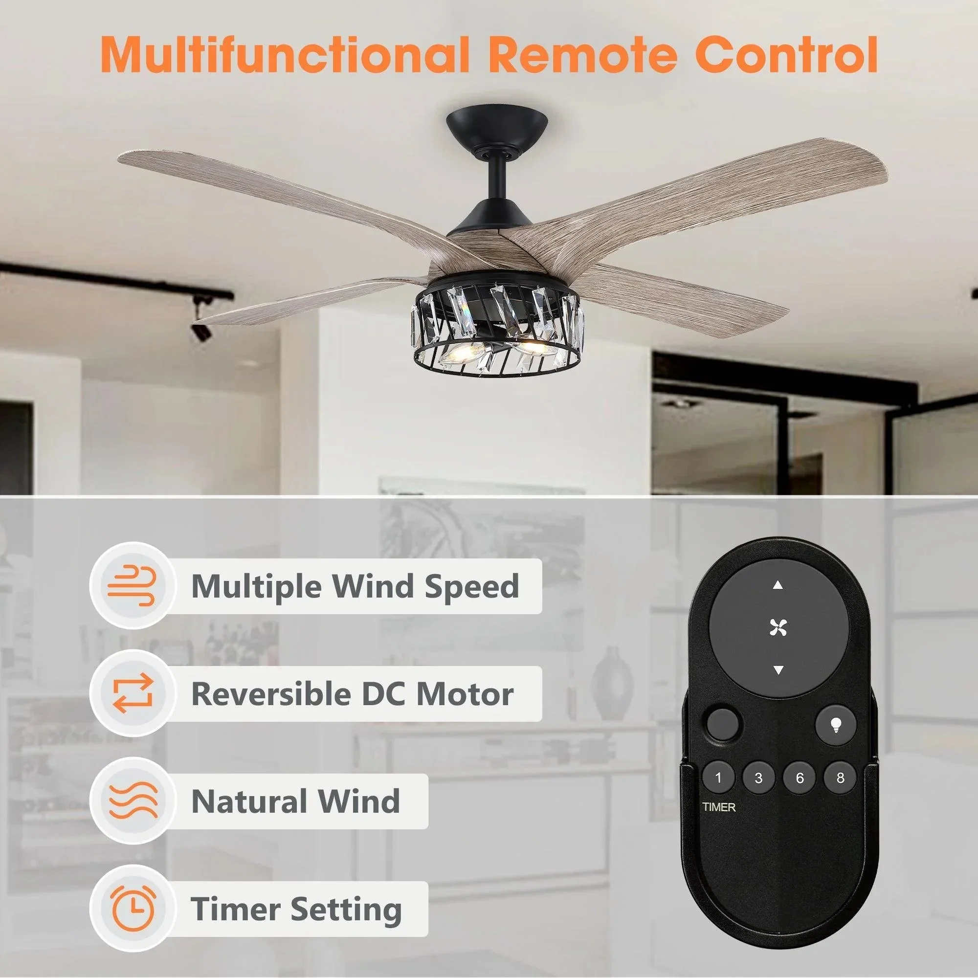 Parrot Uncle 52" Tata Nagar Farmhouse Downrod Mount Reversible Crystal Ceiling Fan with Lighting and Remote Control (F6111110V) - Image 8