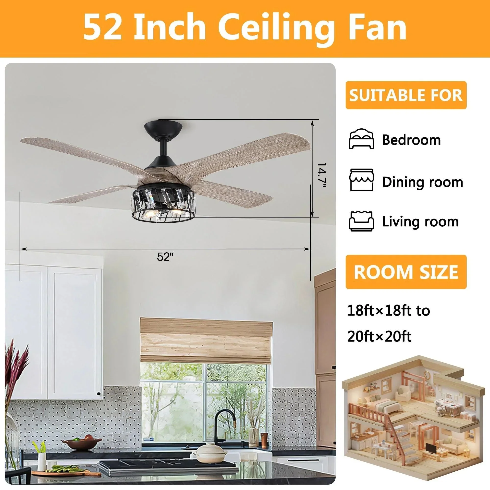 Parrot Uncle 52" Tata Nagar Farmhouse Downrod Mount Reversible Crystal Ceiling Fan with Lighting and Remote Control (F6111110V) - Image 9