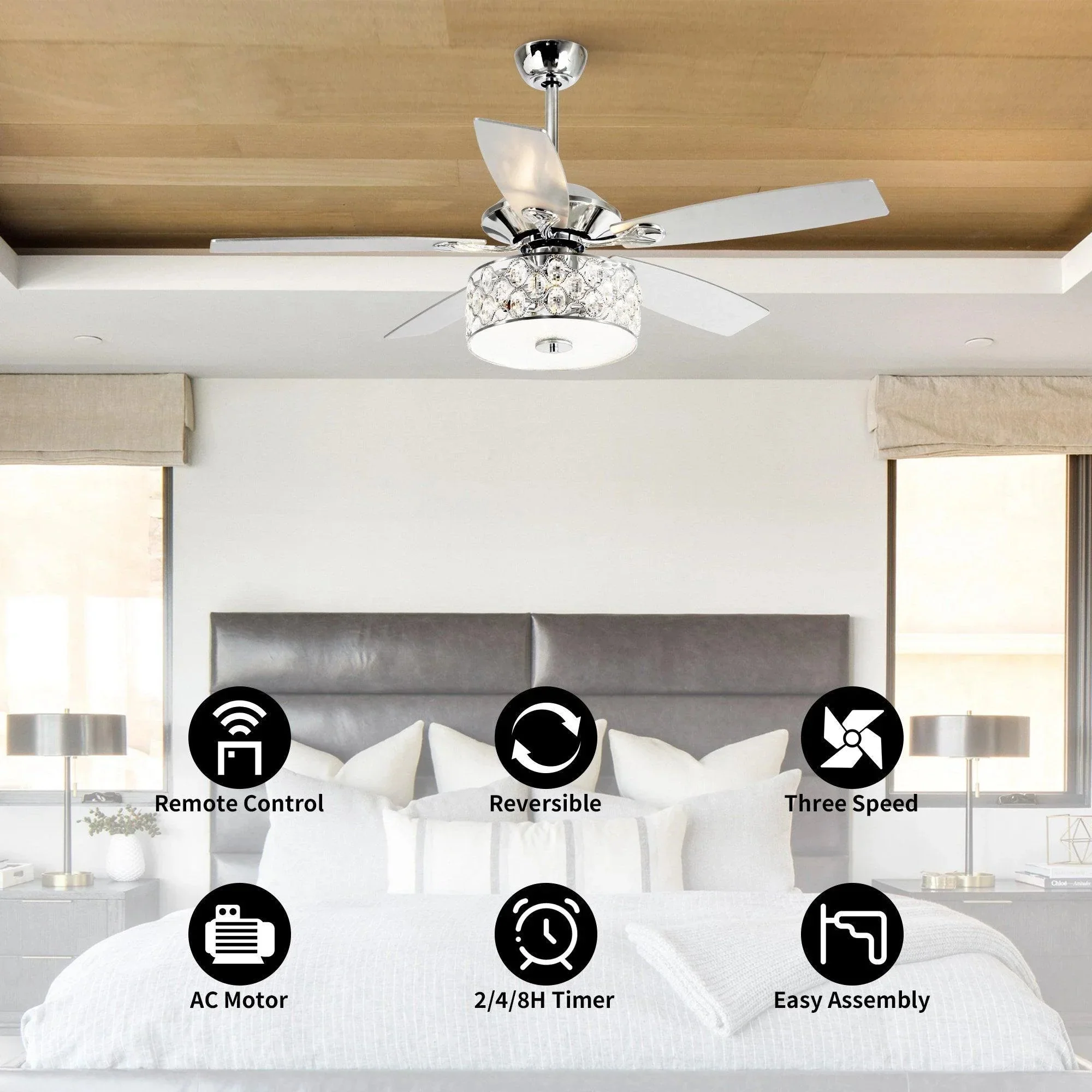 Parrot Uncle 52-Inch Tibuh Modern Downrod Mount Reversible Crystal Ceiling Fan with Lighting and Remote Control - Image 10