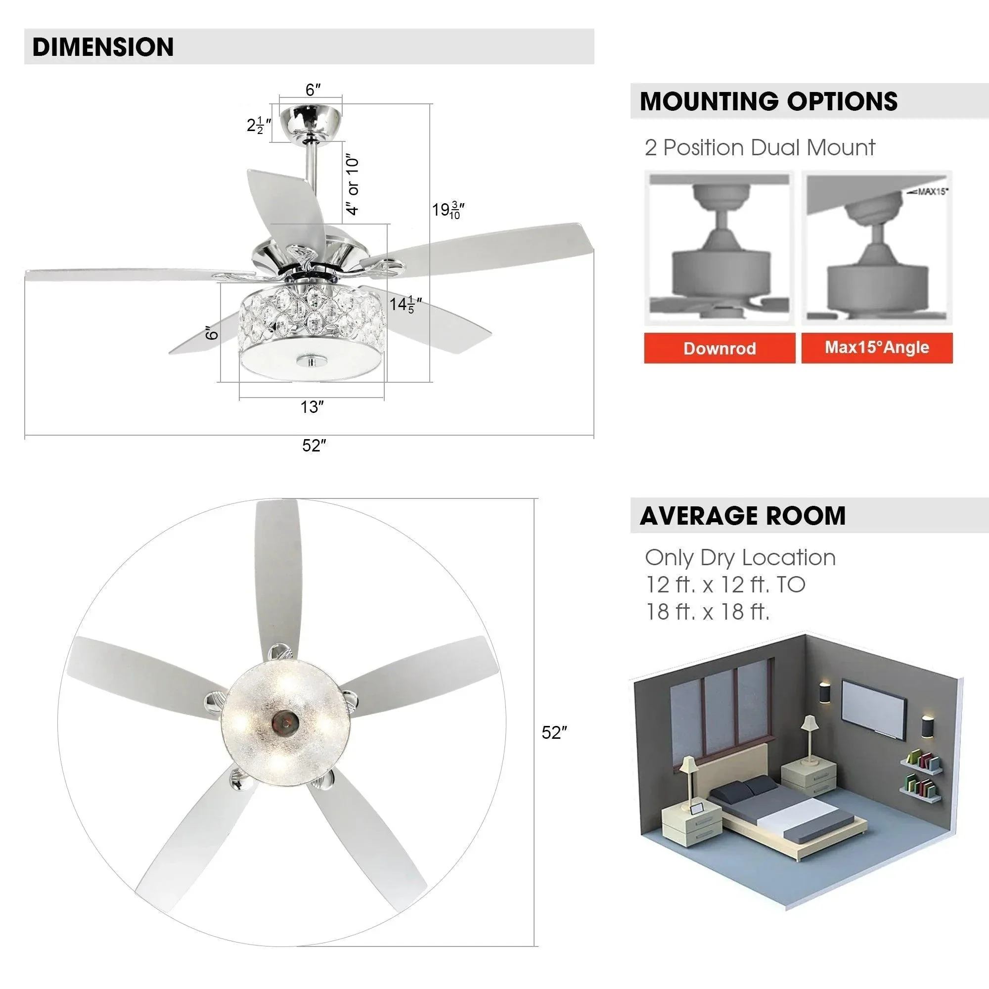Parrot Uncle 52-Inch Tibuh Modern Downrod Mount Reversible Crystal Ceiling Fan with Lighting and Remote Control - Image 11