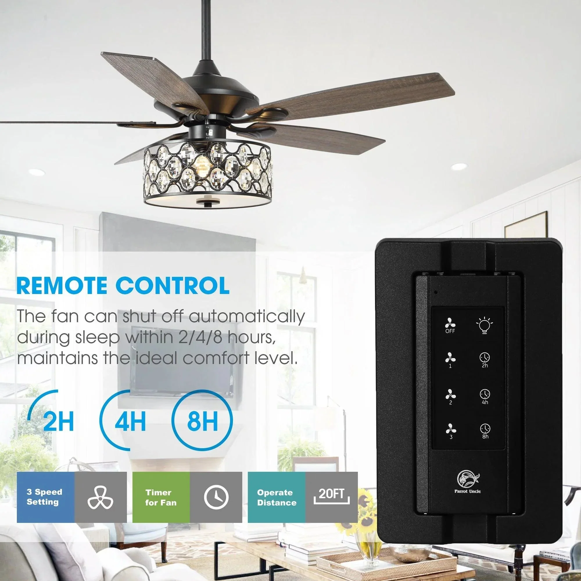 Parrot Uncle 52-Inch Tibuh Modern Downrod Mount Reversible Crystal Ceiling Fan with Lighting and Remote Control - Image 12