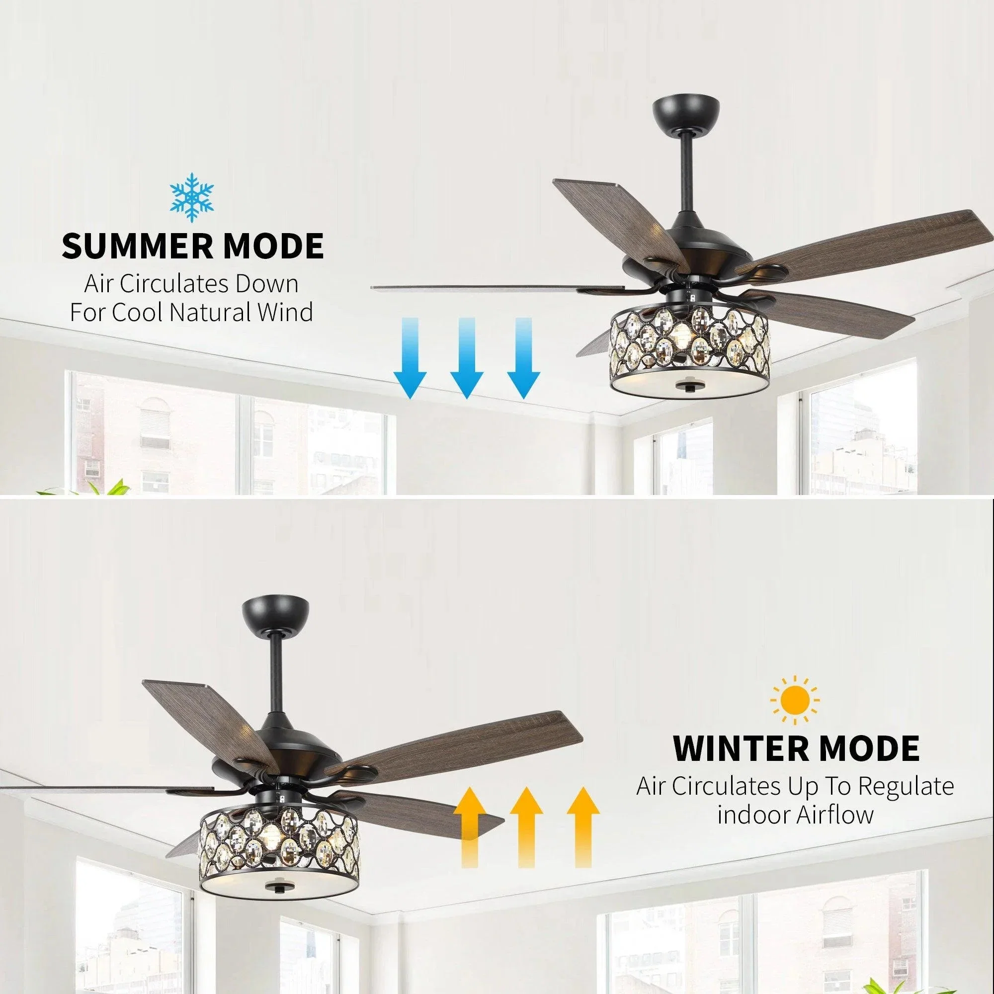 Parrot Uncle 52-Inch Tibuh Modern Downrod Mount Reversible Crystal Ceiling Fan with Lighting and Remote Control - Image 13