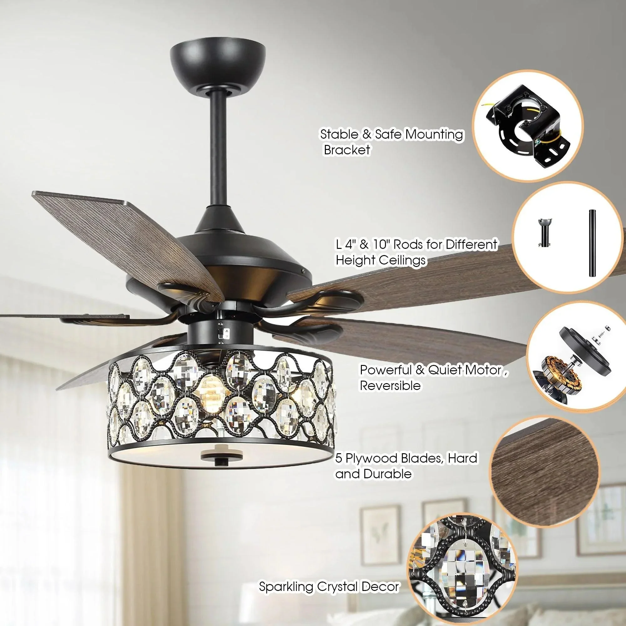 Parrot Uncle 52-Inch Tibuh Modern Downrod Mount Reversible Crystal Ceiling Fan with Lighting and Remote Control - Image 18
