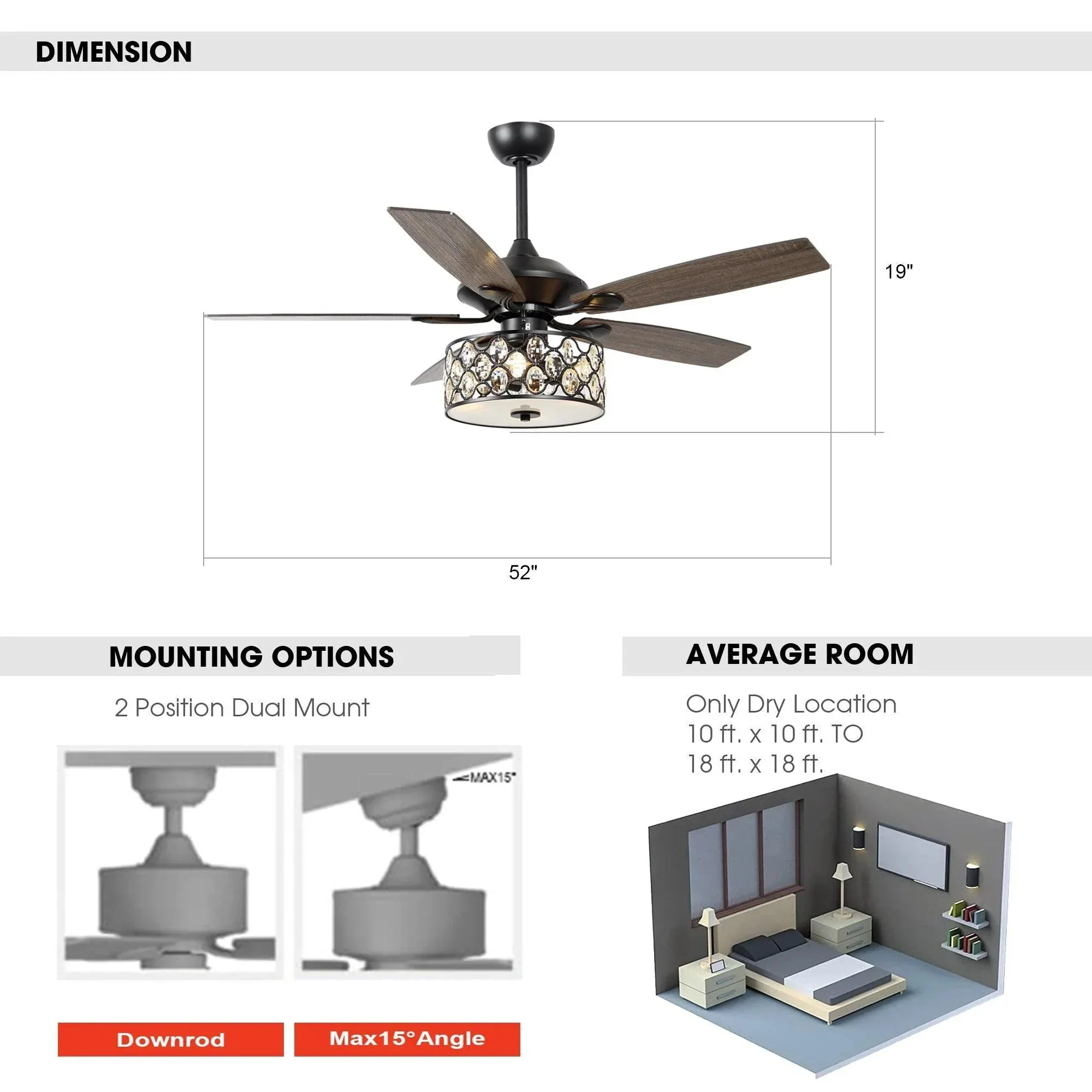Parrot Uncle 52-Inch Tibuh Modern Downrod Mount Reversible Crystal Ceiling Fan with Lighting and Remote Control - Image 19