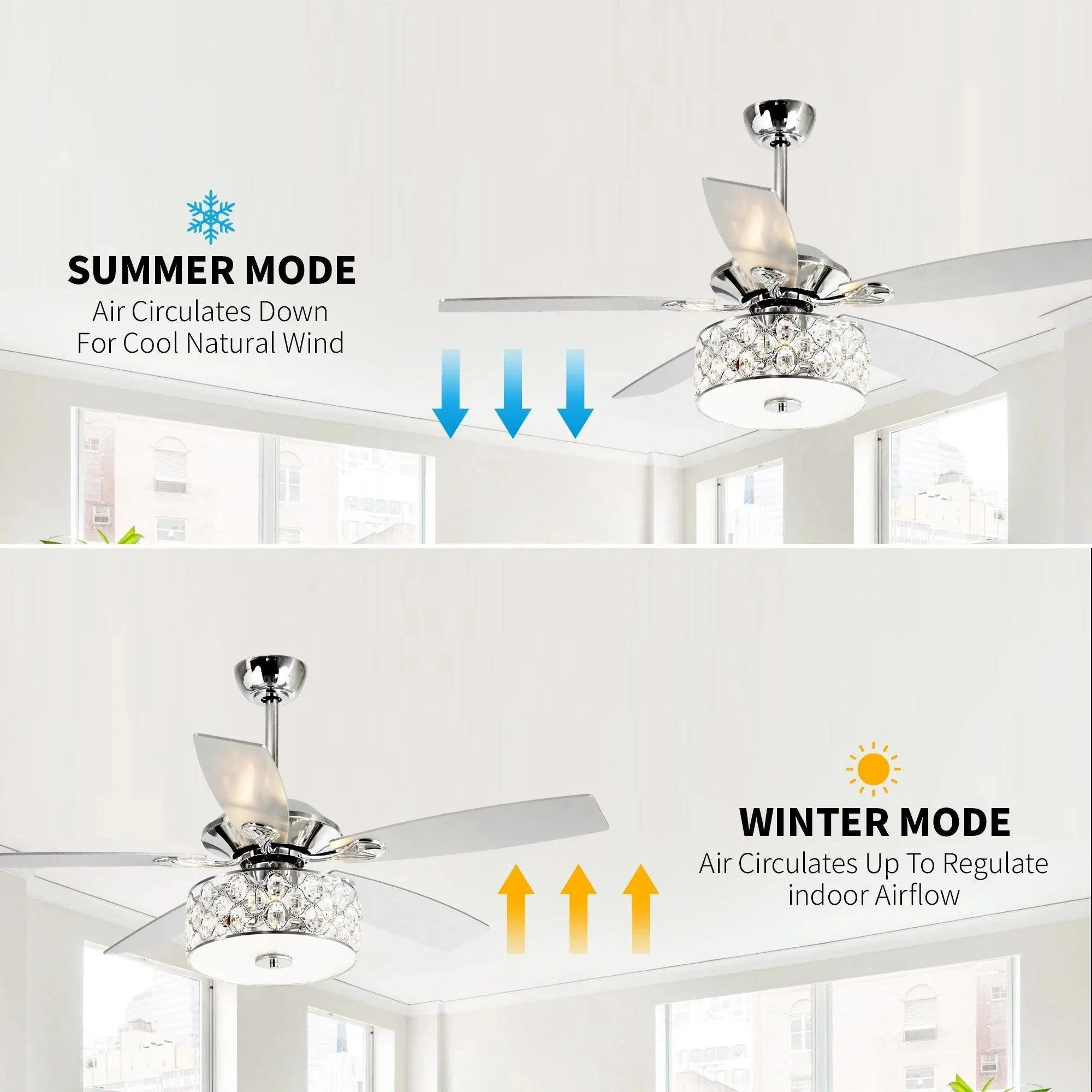 Parrot Uncle 52-Inch Tibuh Modern Downrod Mount Reversible Crystal Ceiling Fan with Lighting and Remote Control - Image 7