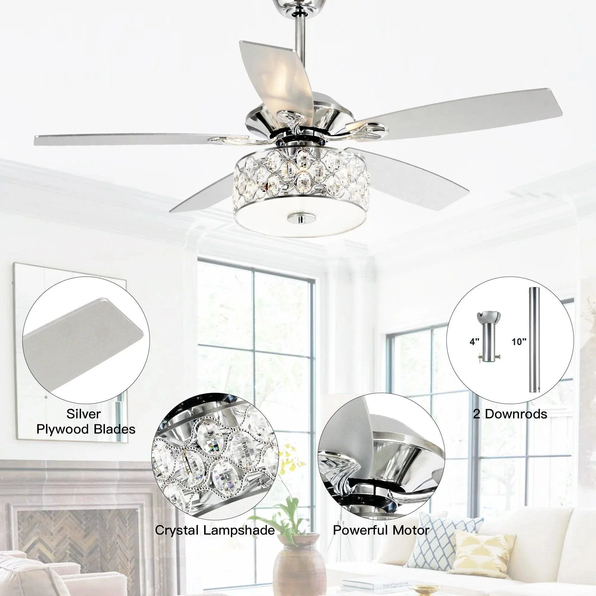 Parrot Uncle 52-Inch Tibuh Modern Downrod Mount Reversible Crystal Ceiling Fan with Lighting and Remote Control - Image 8