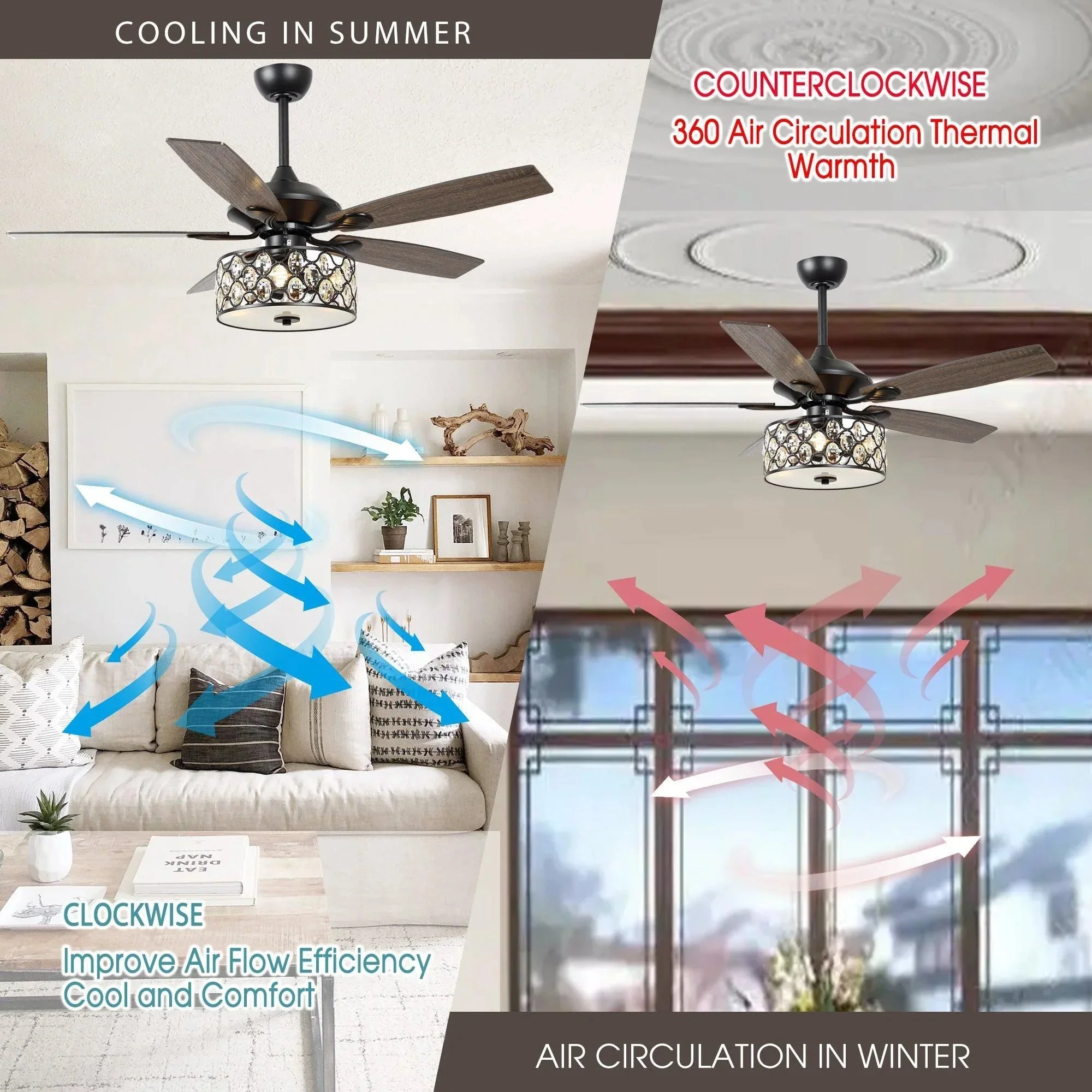 Parrot Uncle 52-Inch Tibuh Modern Downrod Mount Reversible Crystal Ceiling Fan with Lighting and Remote Control - Image 9