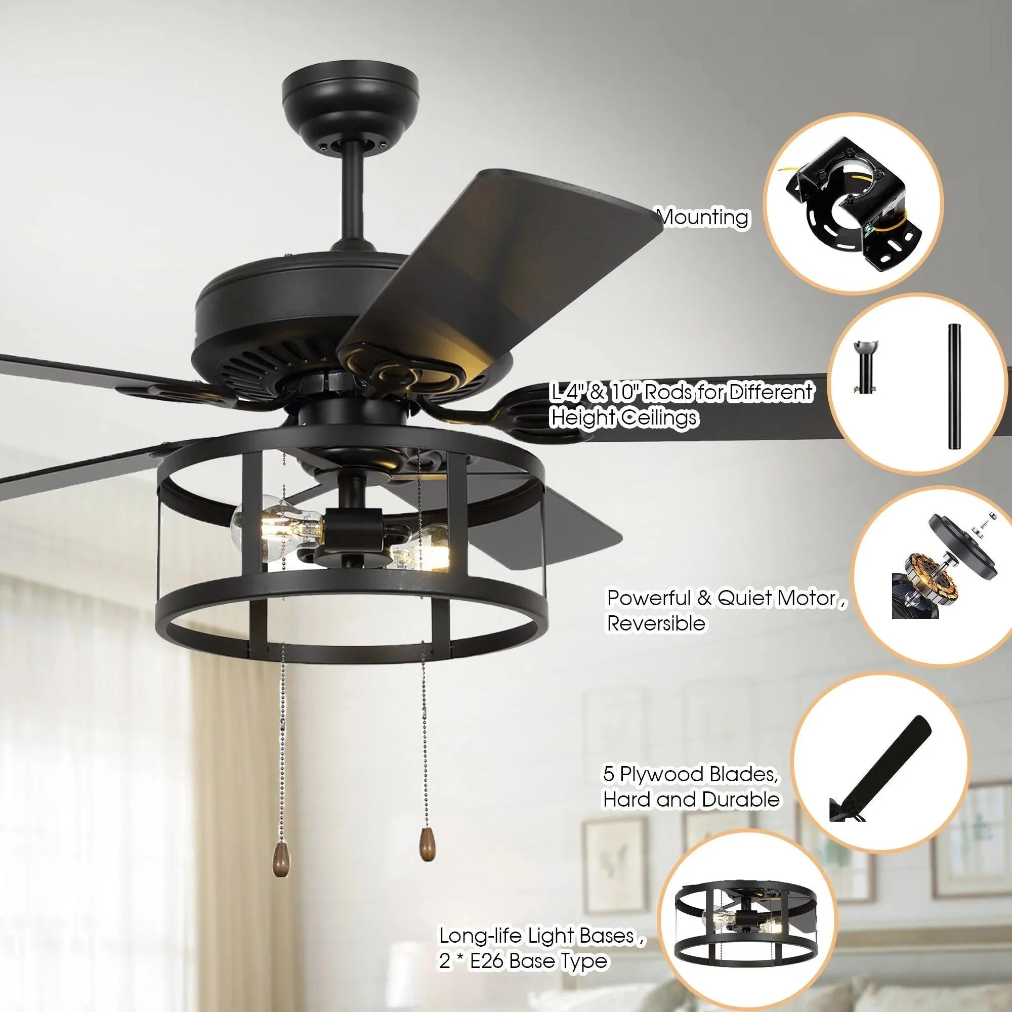 Parrot Uncle 52-Inch Urbana Downrod Mount Reversible Industrial Ceiling Fan with Lighting and Pull Chain (F6313110V) - Image 5