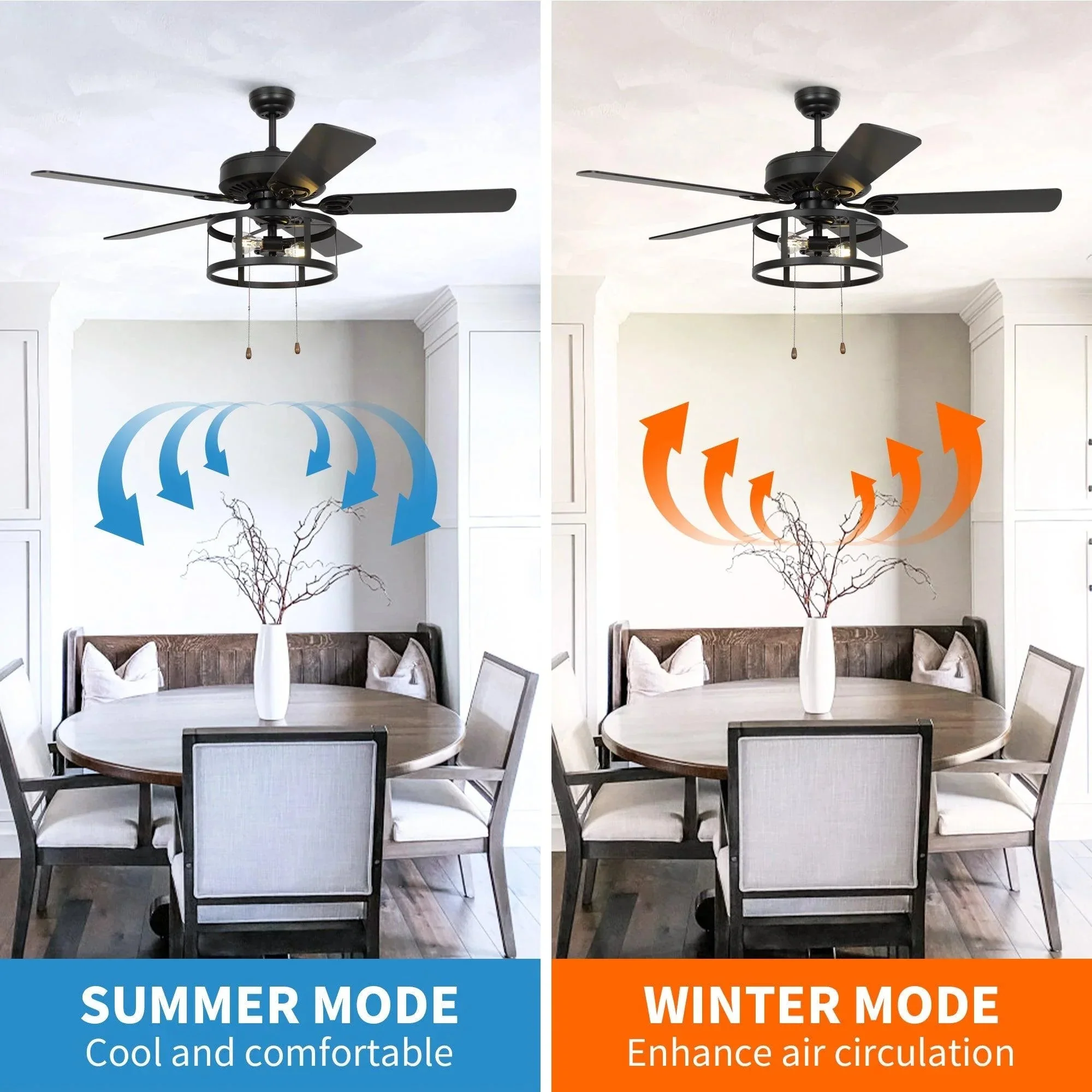 Parrot Uncle 52-Inch Urbana Downrod Mount Reversible Industrial Ceiling Fan with Lighting and Pull Chain (F6313110V) - Image 6